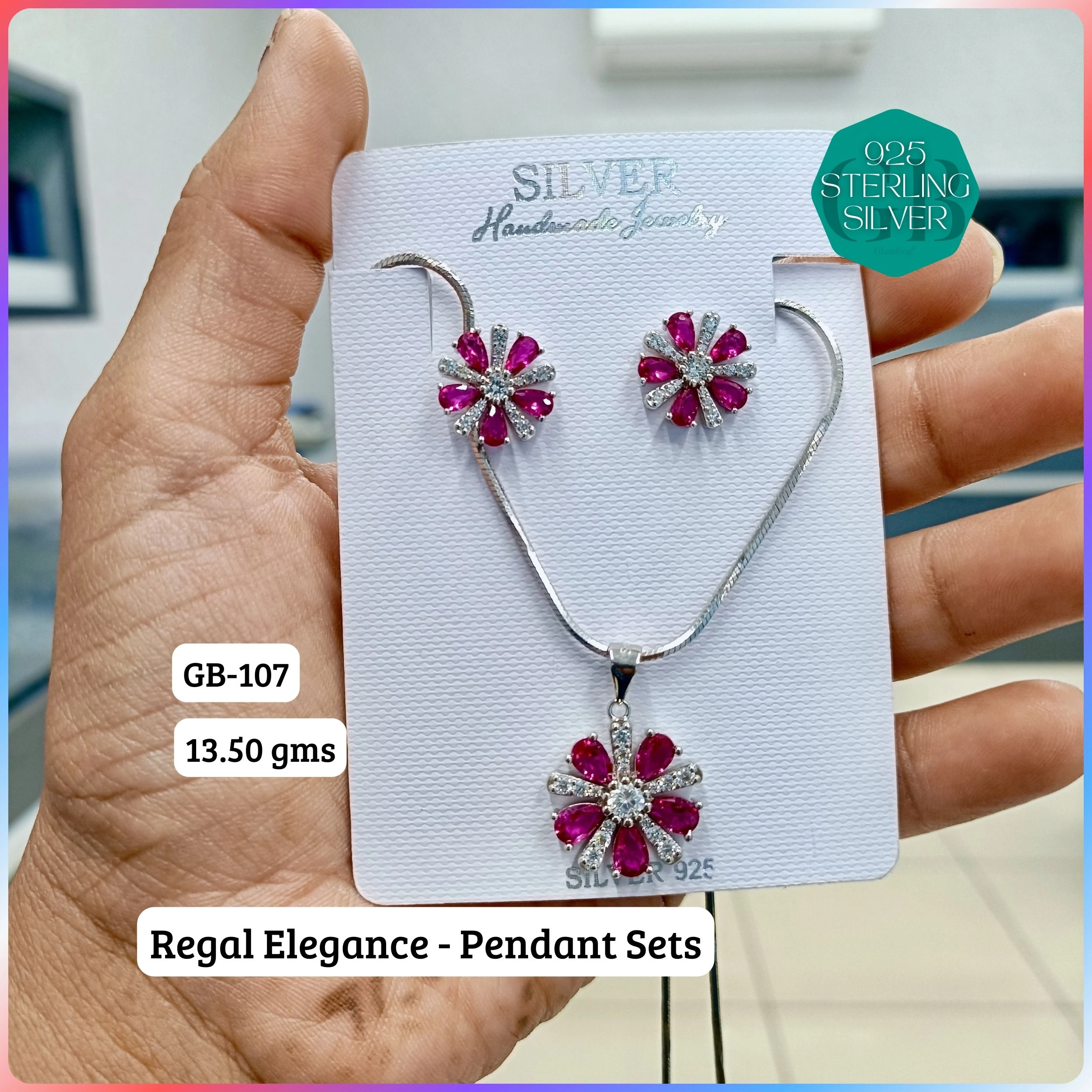 Regal Pendant sets - Premium 925 Silver Jewellery - SKU: GB-107-014 - Hyderabad Silver Importers