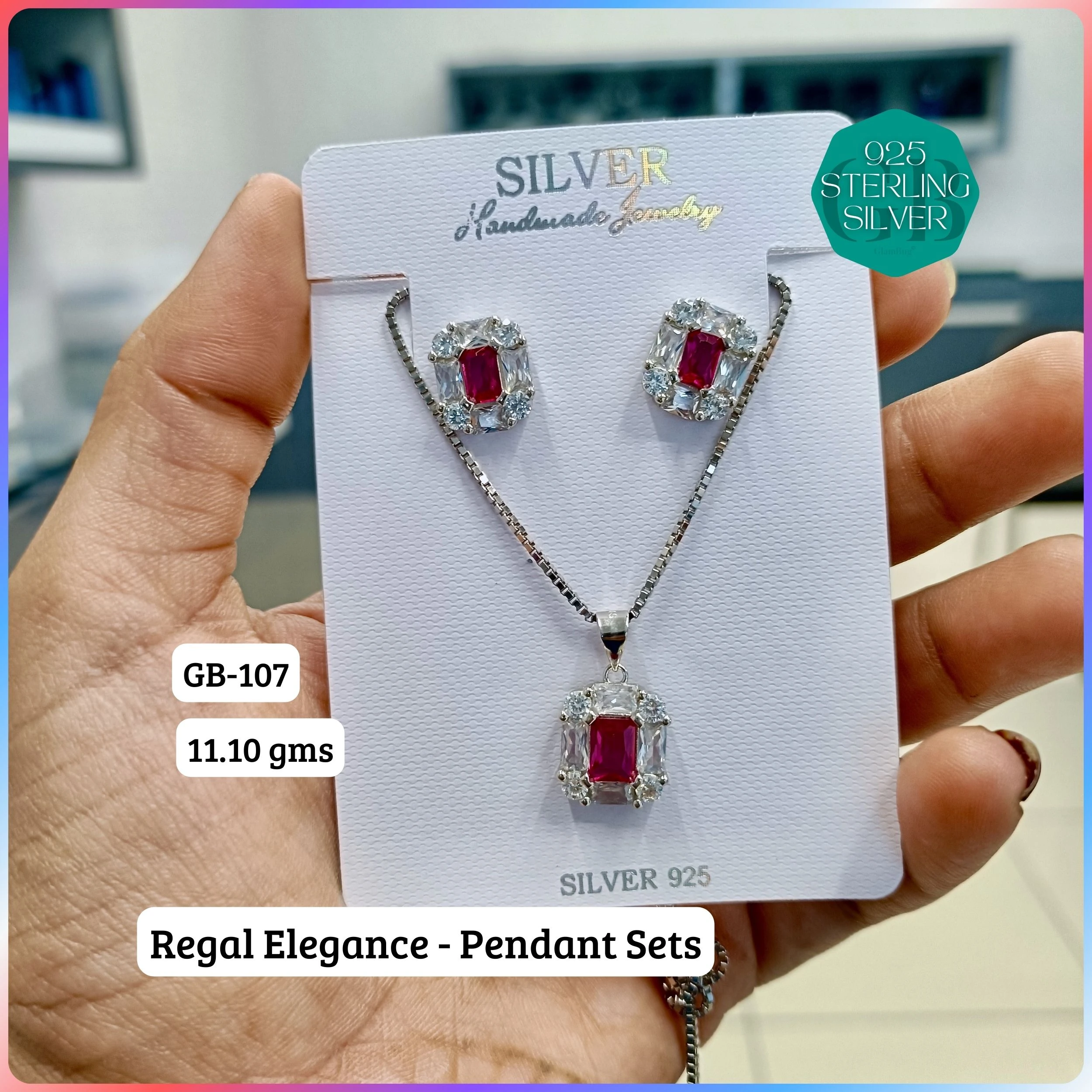 Regal Pendant sets - Premium 925 Silver Jewellery - SKU: GB-107-015 - Hyderabad Silver Importers