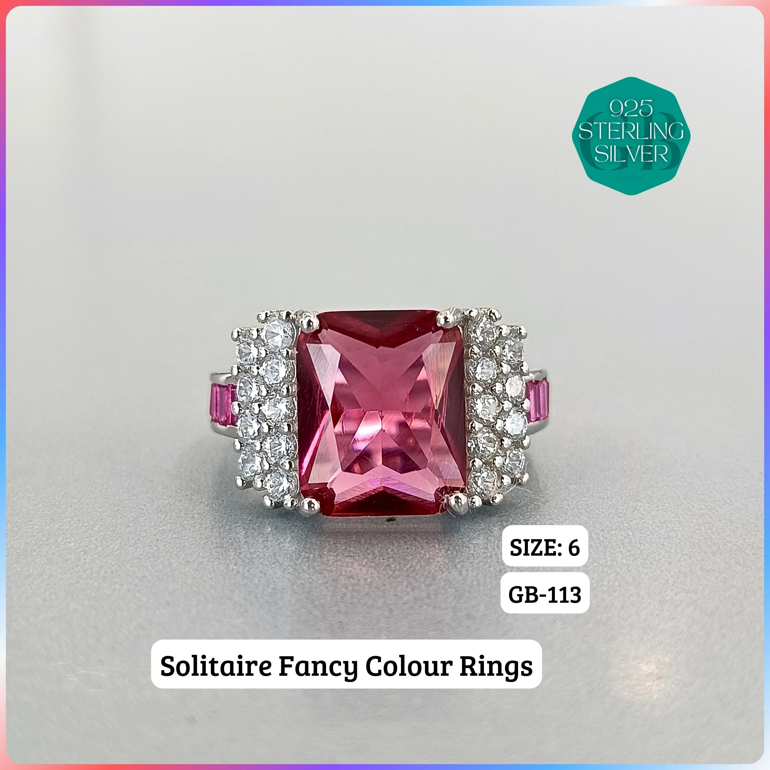 CZ BAGUETTE COL. CHOPARD RING - Premium 925 Silver Jewellery - SKU: GB-113-003 - Hyderabad Silver Importers