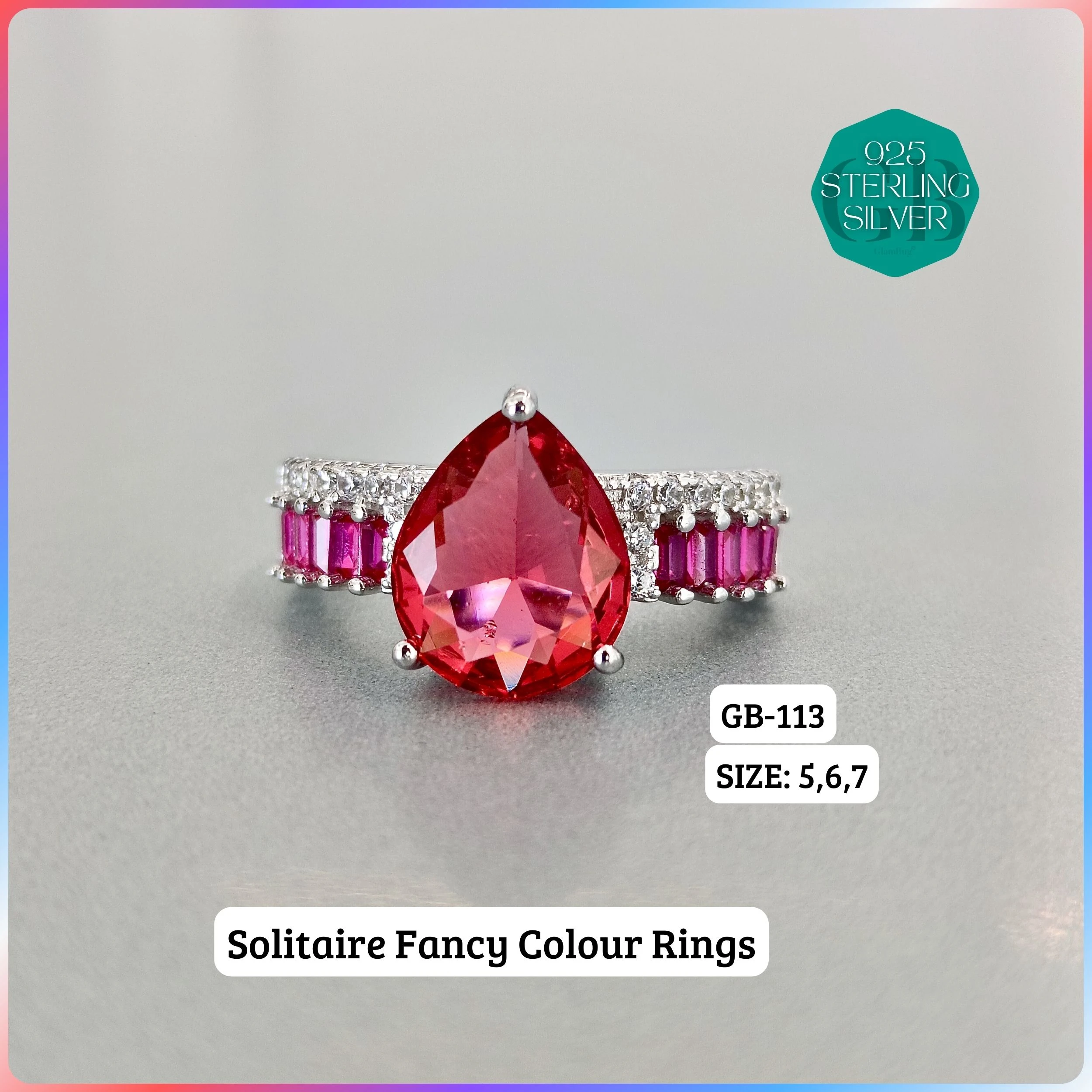 CZ BAGUETTE COL. CHOPARD RING - Premium 925 Silver Jewellery - SKU: GB-113-006 - Hyderabad Silver Importers