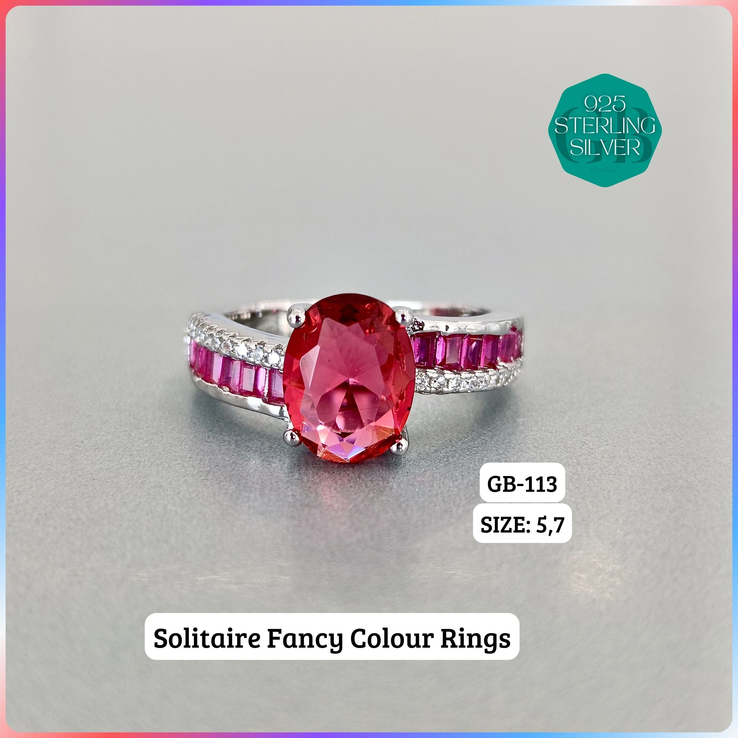 CZ BAGUETTE COL. CHOPARD RING - Premium 925 Silver Jewellery - SKU: GB-113-007 - Hyderabad Silver Importers