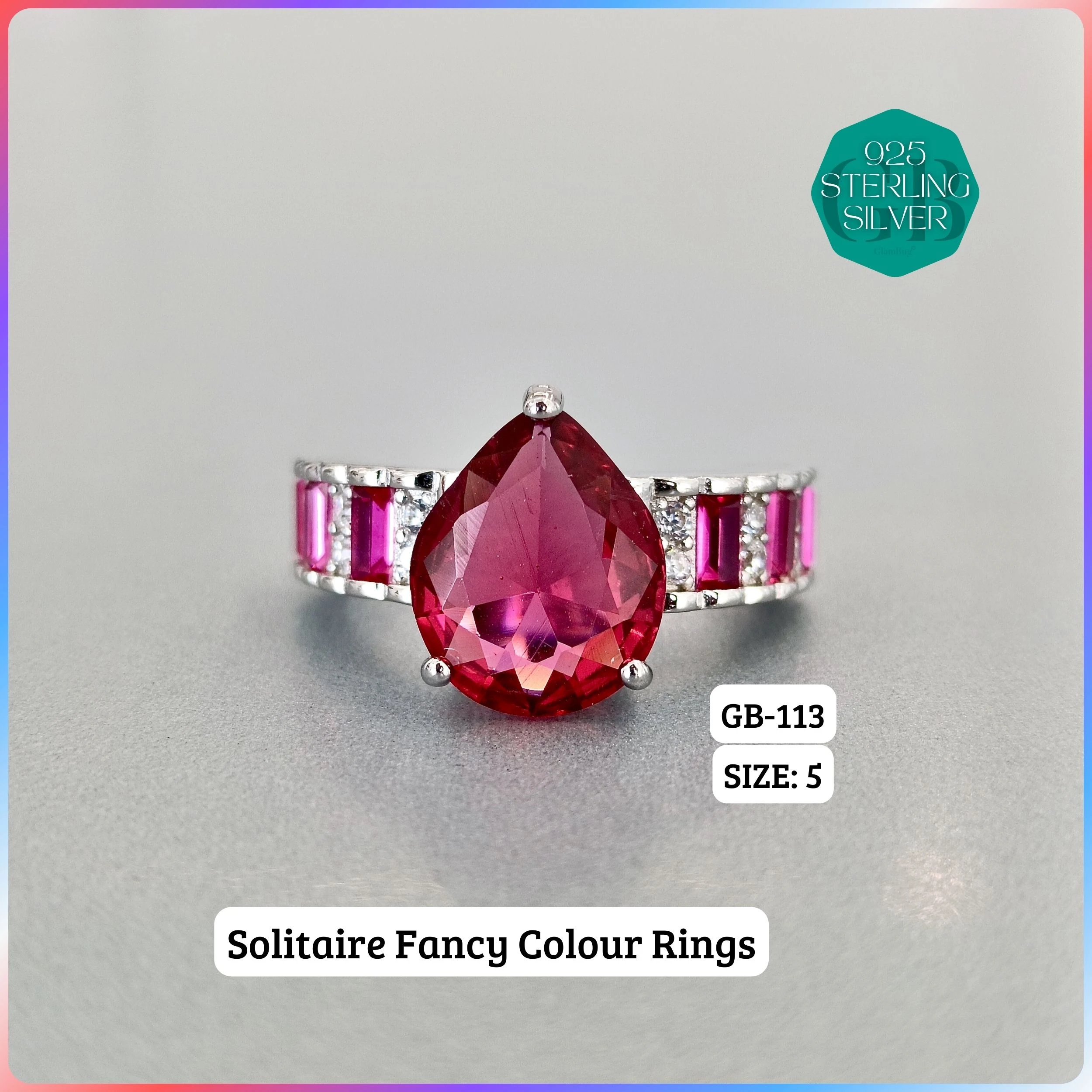 CZ BAGUETTE COL. CHOPARD RING - Premium 925 Silver Jewellery - SKU: GB-113-008 - Hyderabad Silver Importers