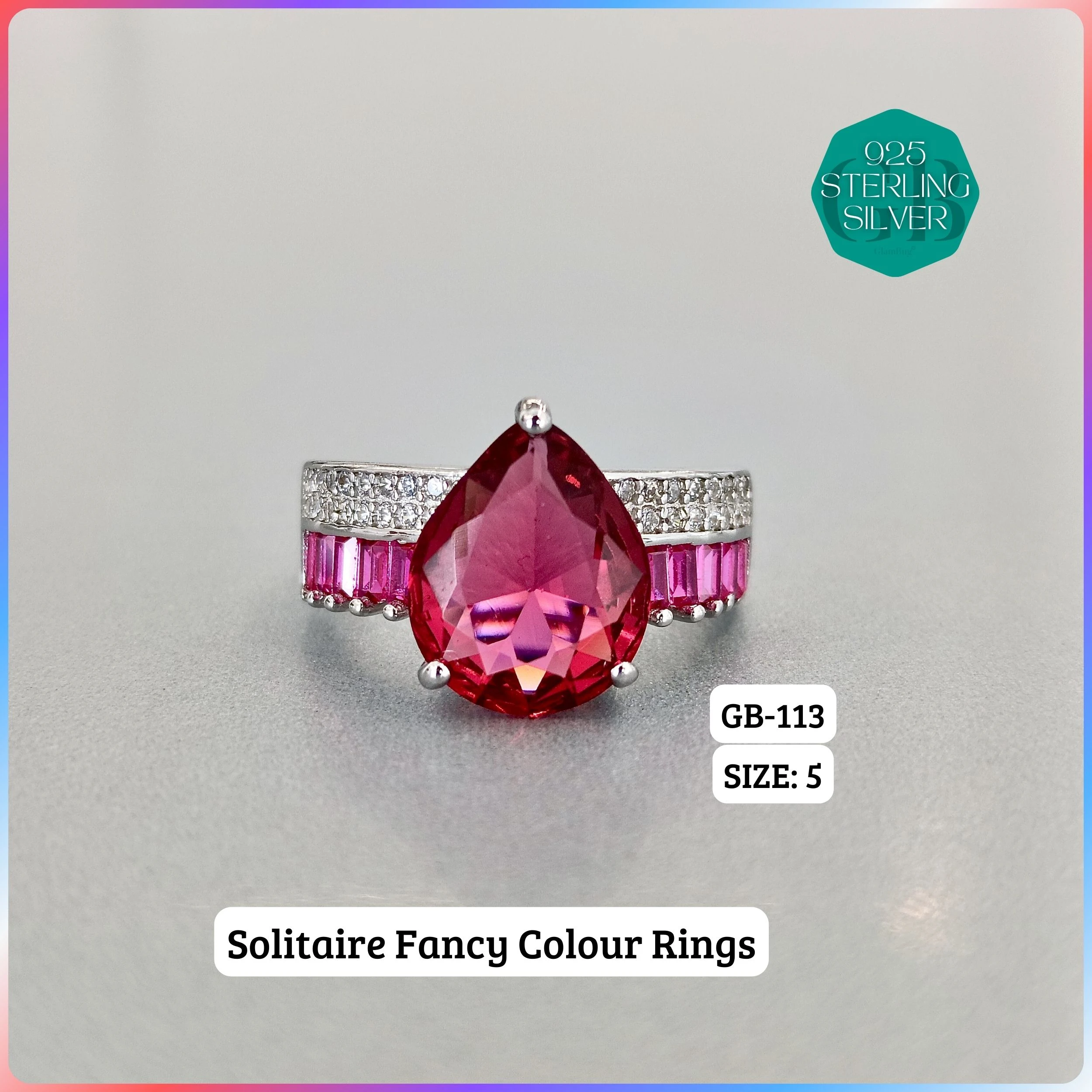 CZ BAGUETTE COL. CHOPARD RING - Premium 925 Silver Jewellery - SKU: GB-113-009 - Hyderabad Silver Importers