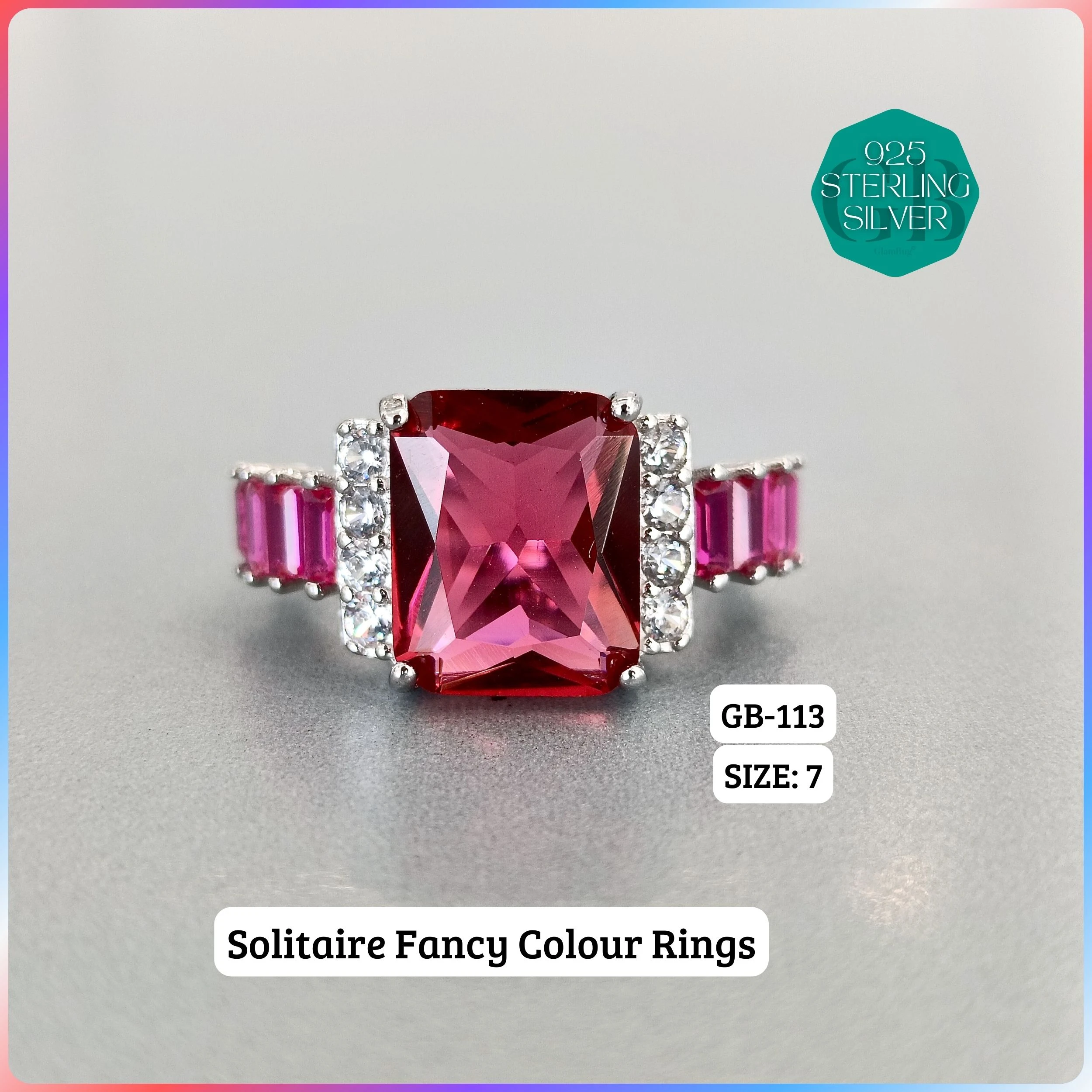 CZ BAGUETTE COL. CHOPARD RING - Premium 925 Silver Jewellery - SKU: GB-113-010 - Hyderabad Silver Importers