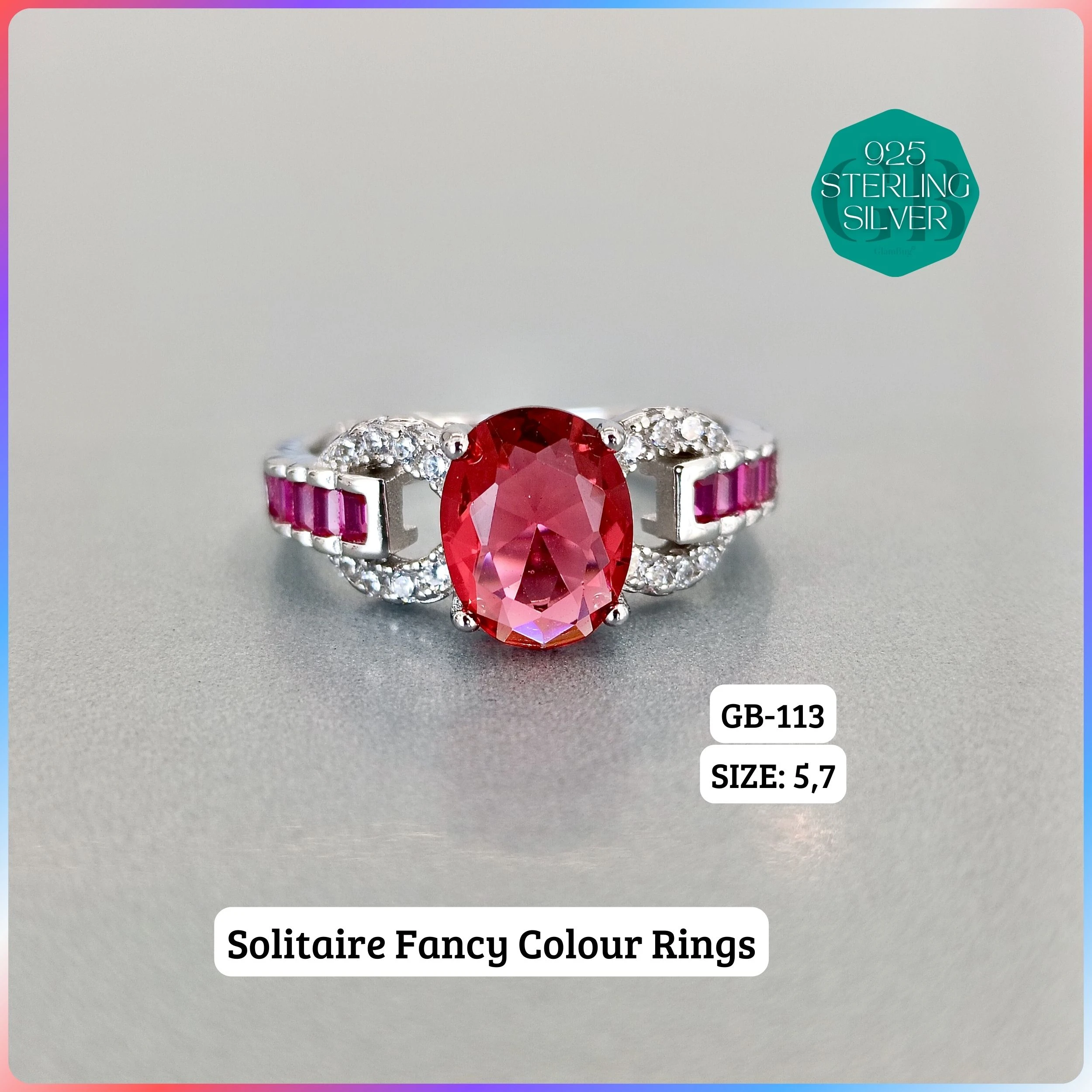 CZ BAGUETTE COL. CHOPARD RING - Premium 925 Silver Jewellery - SKU: GB-113-011 - Hyderabad Silver Importers