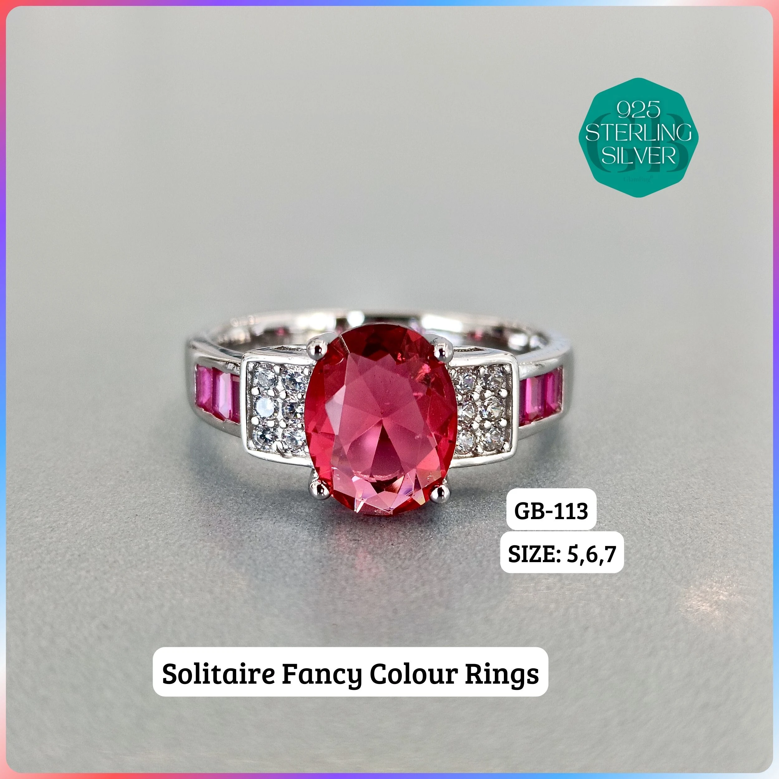 CZ BAGUETTE COL. CHOPARD RING - Premium 925 Silver Jewellery - SKU: GB-113-013 - Hyderabad Silver Importers