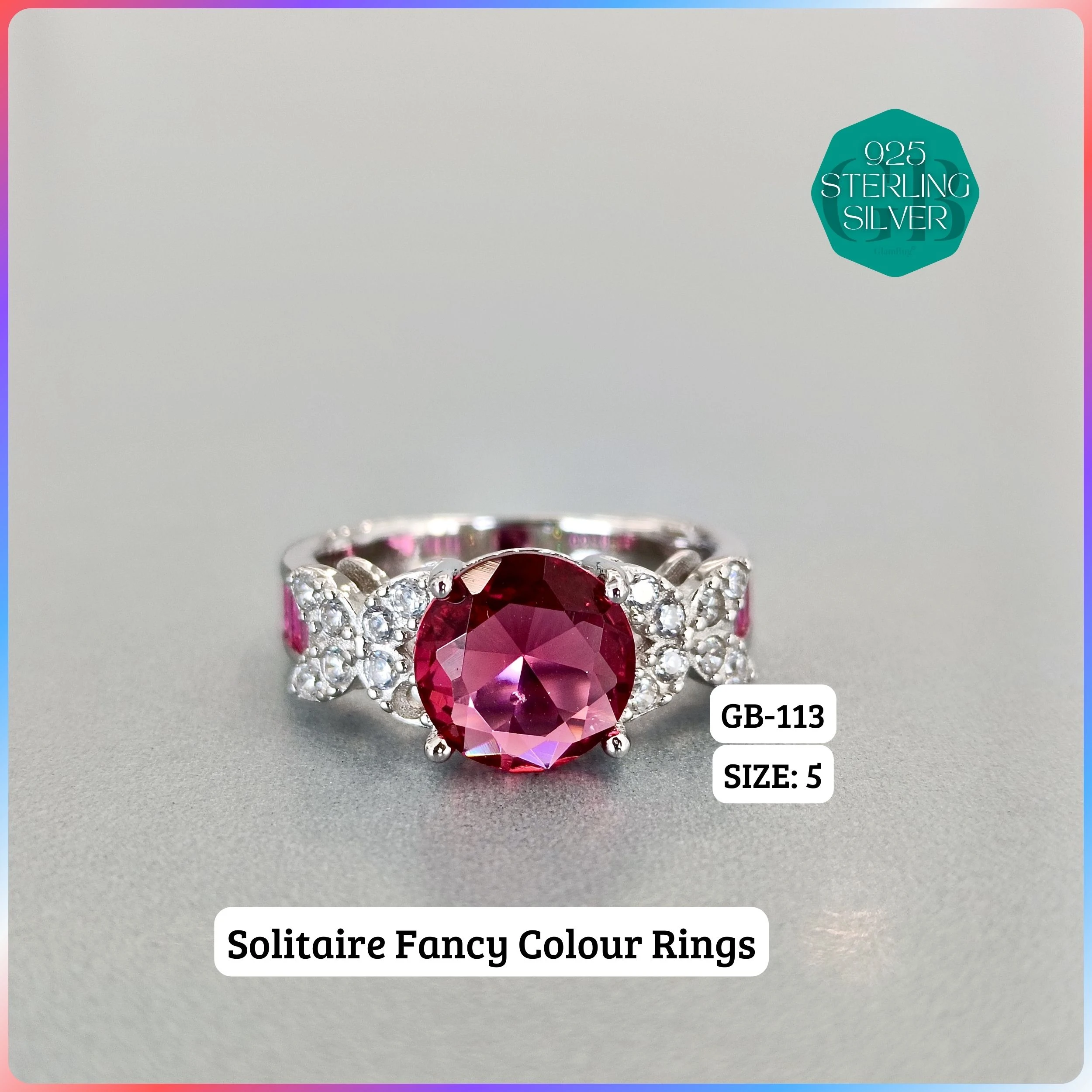 CZ BAGUETTE COL. CHOPARD RING - Premium 925 Silver Jewellery - SKU: GB-113-014 - Hyderabad Silver Importers