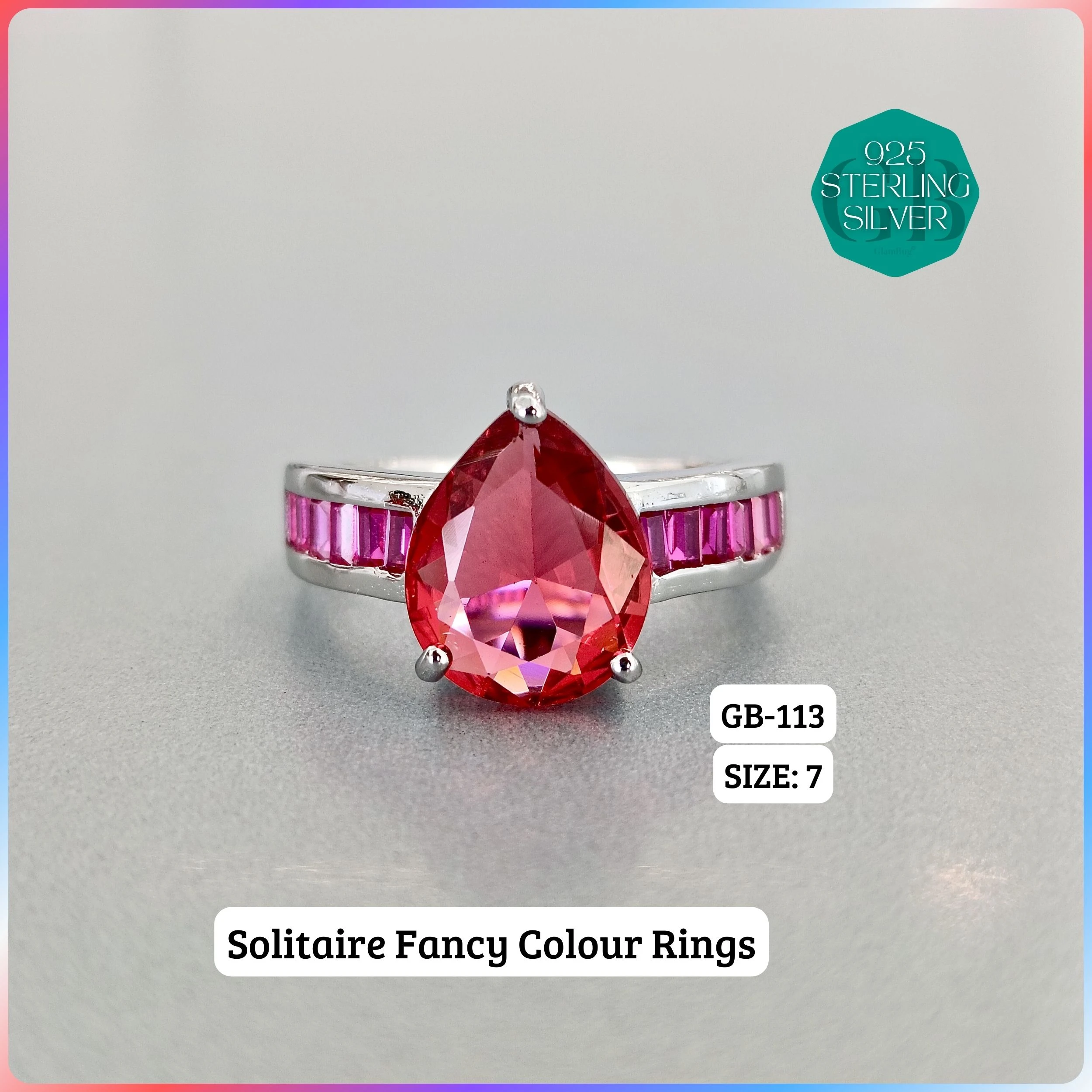 CZ BAGUETTE COL. CHOPARD RING - Premium 925 Silver Jewellery - SKU: GB-113-017 - Hyderabad Silver Importers