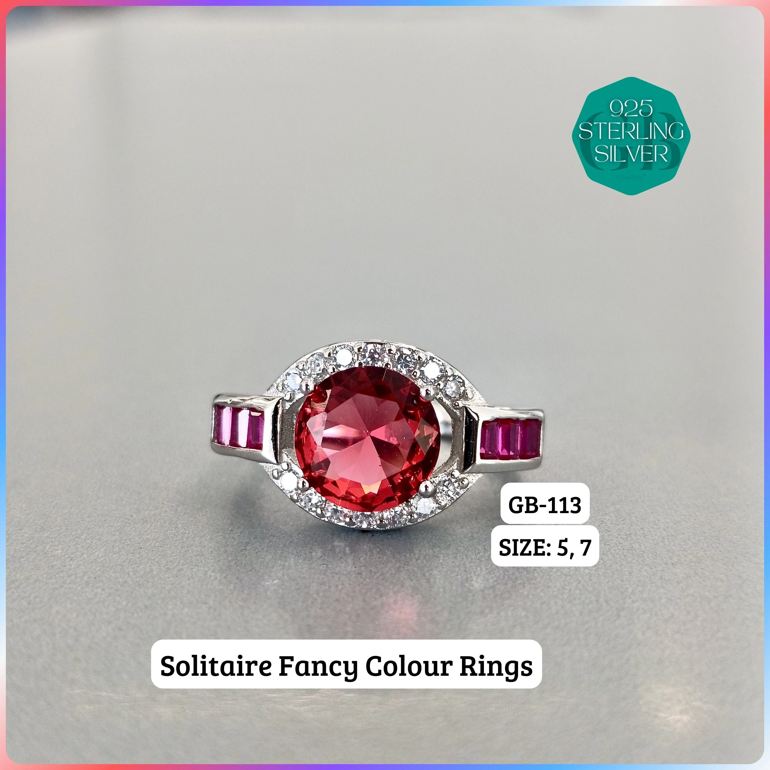 CZ BAGUETTE COL. CHOPARD RING - Premium 925 Silver Jewellery - SKU: GB-113-018 - Hyderabad Silver Importers