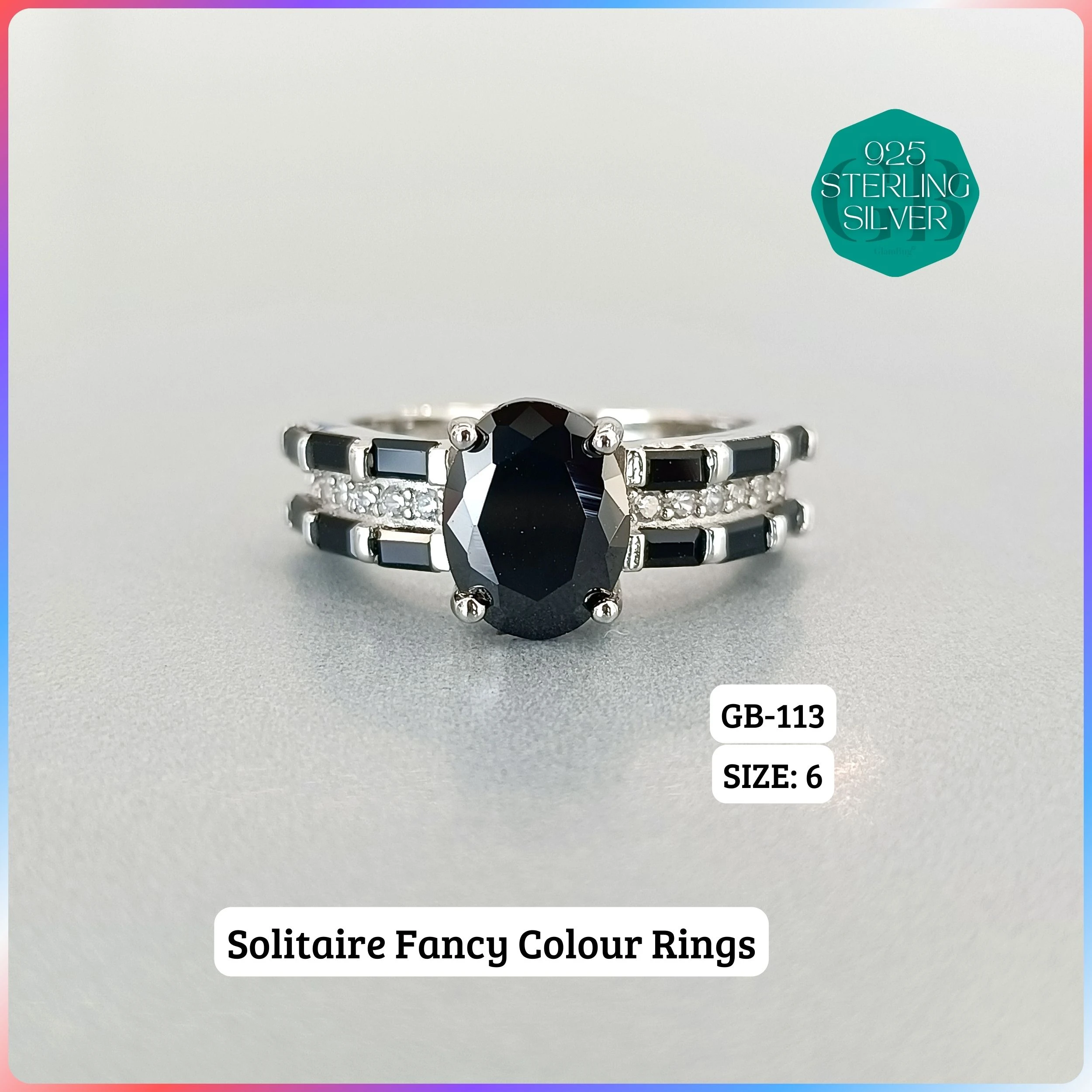 CZ BAGUETTE COL. CHOPARD RING - Premium 925 Silver Jewellery - SKU: GB-113-021 - Hyderabad Silver Importers