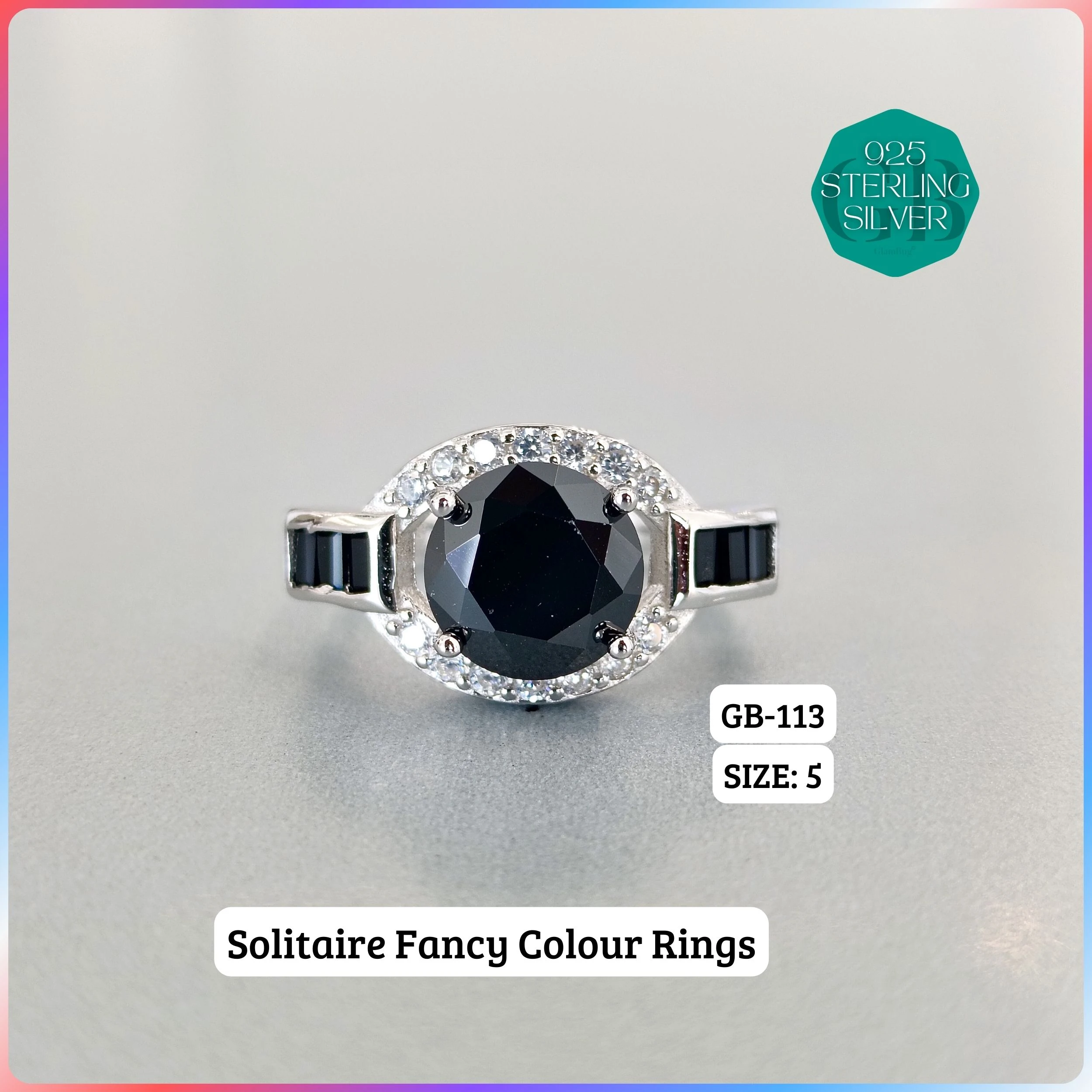 CZ BAGUETTE COL. CHOPARD RING - Premium 925 Silver Jewellery - SKU: GB-113-028 - Hyderabad Silver Importers