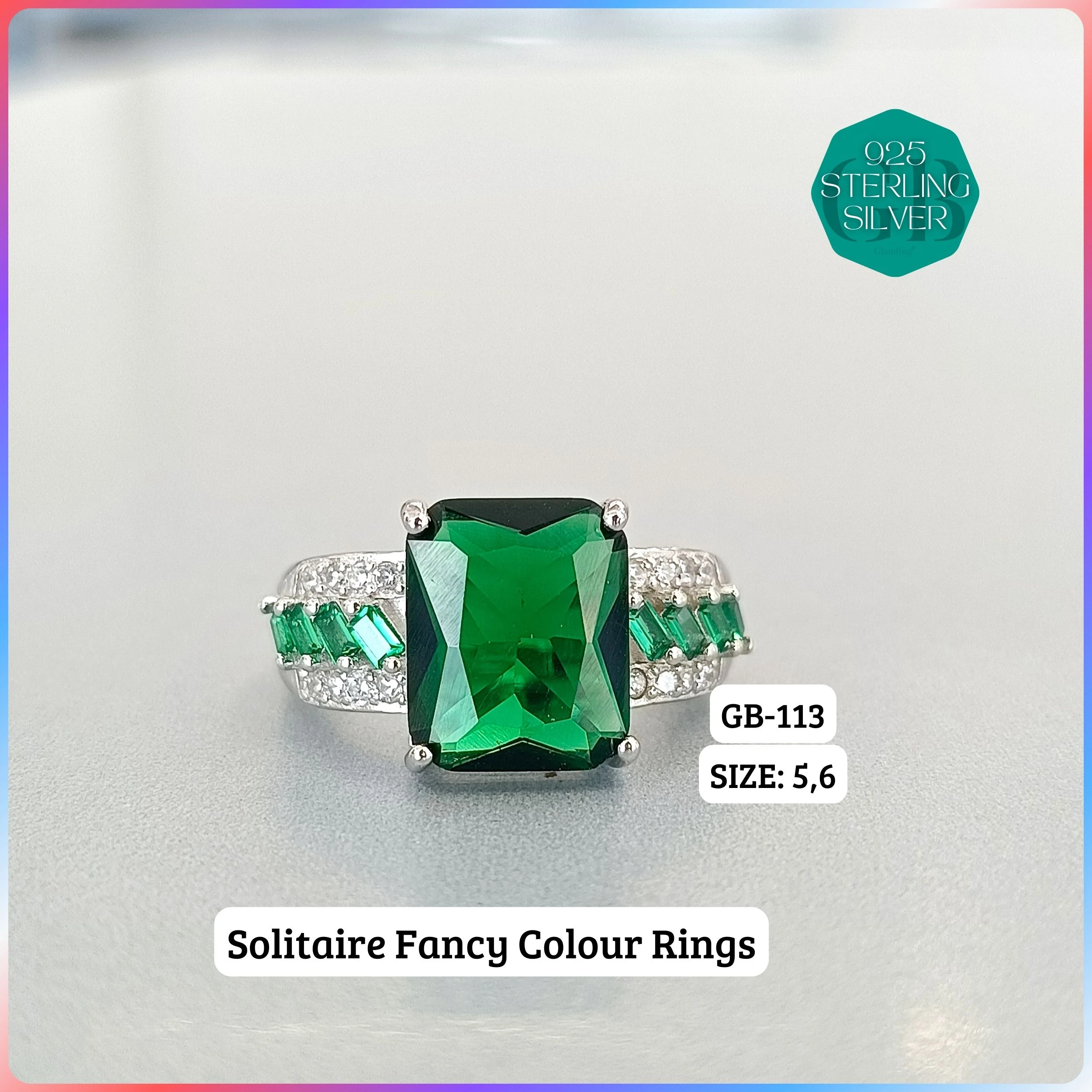 CZ BAGUETTE COL. CHOPARD RING - Premium 925 Silver Jewellery - SKU: GB-113-034 - Hyderabad Silver Importers