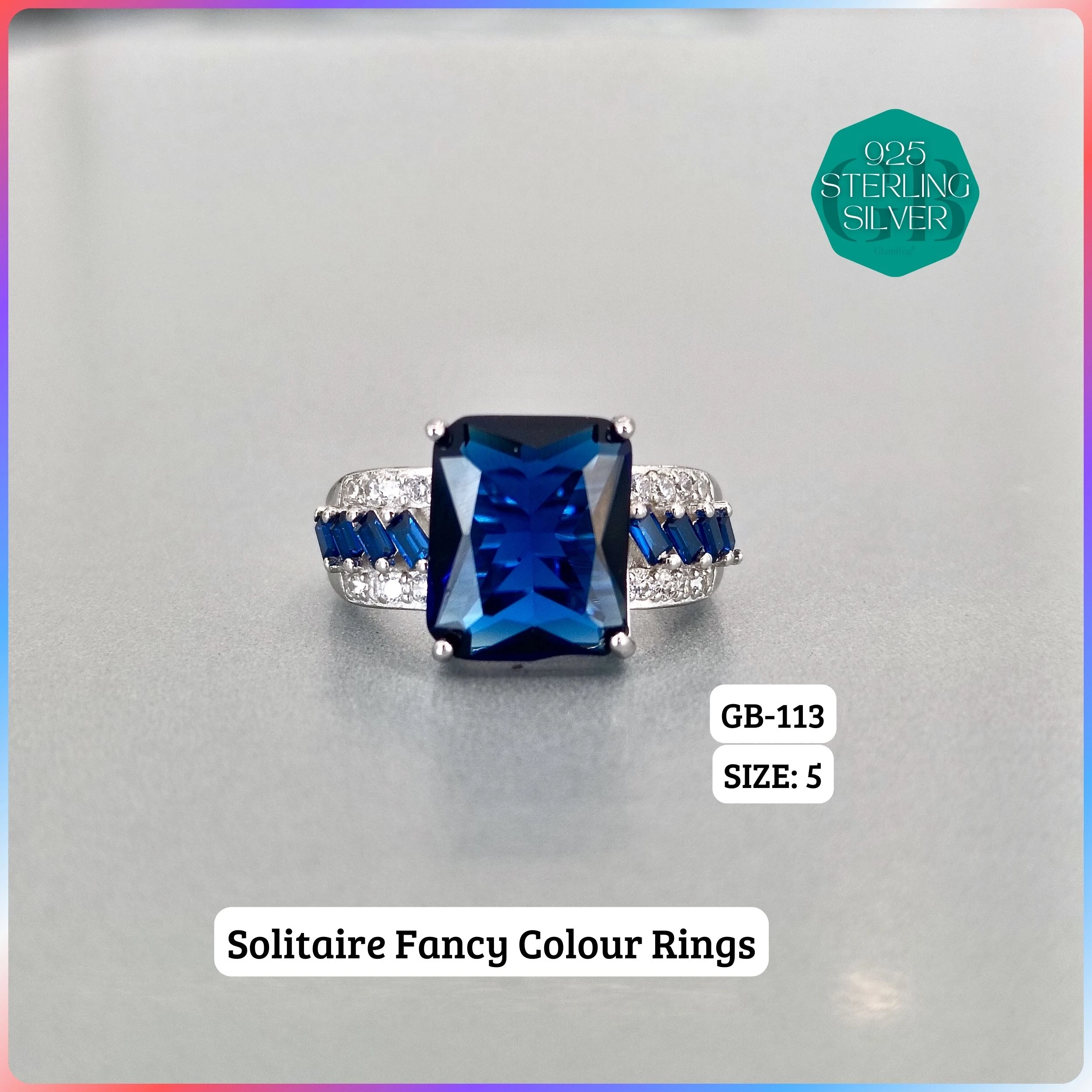 CZ BAGUETTE COL. CHOPARD RING - Premium 925 Silver Jewellery - SKU: GB-113-044 - Hyderabad Silver Importers