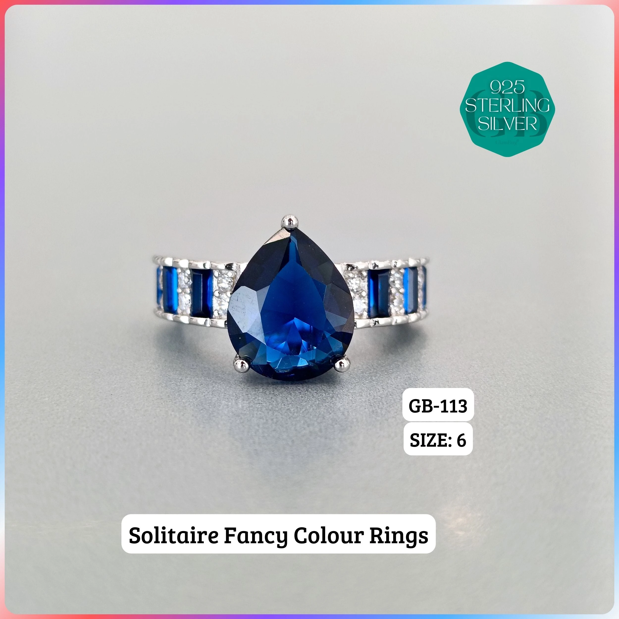 CZ BAGUETTE COL. CHOPARD RING - Premium 925 Silver Jewellery - SKU: GB-113-045 - Hyderabad Silver Importers