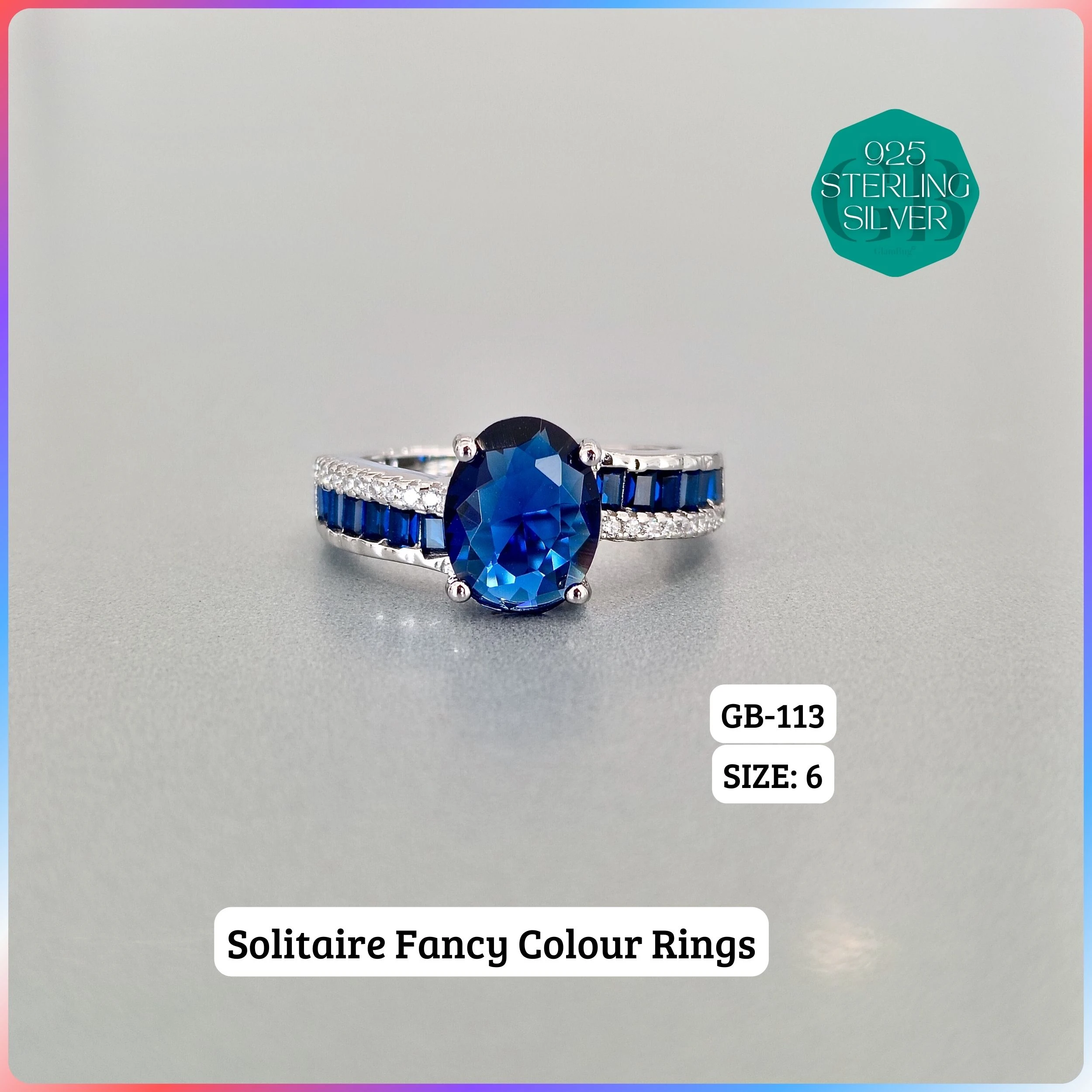 CZ BAGUETTE COL. CHOPARD RING - Premium 925 Silver Jewellery - SKU: GB-113-046 - Hyderabad Silver Importers