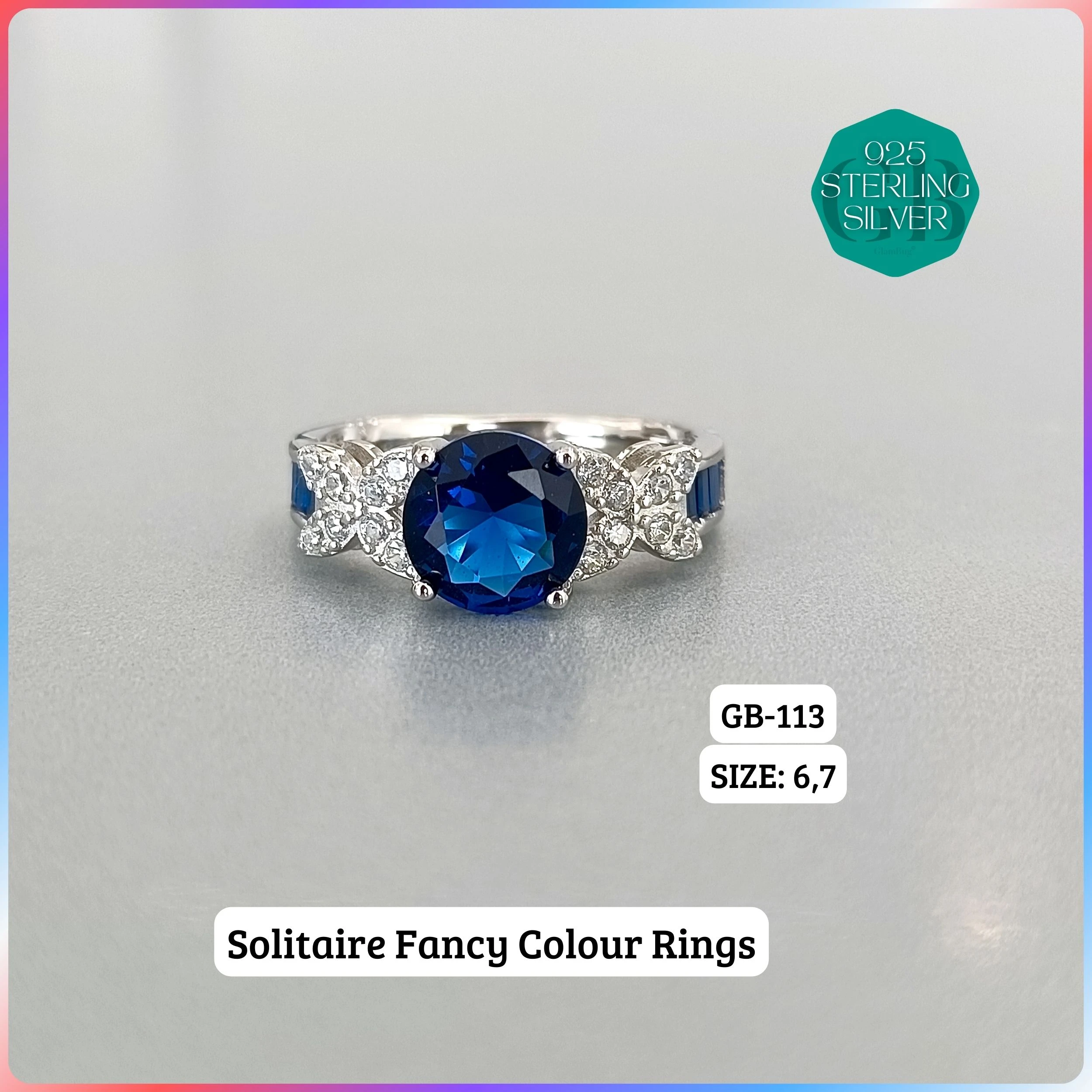 CZ BAGUETTE COL. CHOPARD RING - Premium 925 Silver Jewellery - SKU: GB-113-047 - Hyderabad Silver Importers