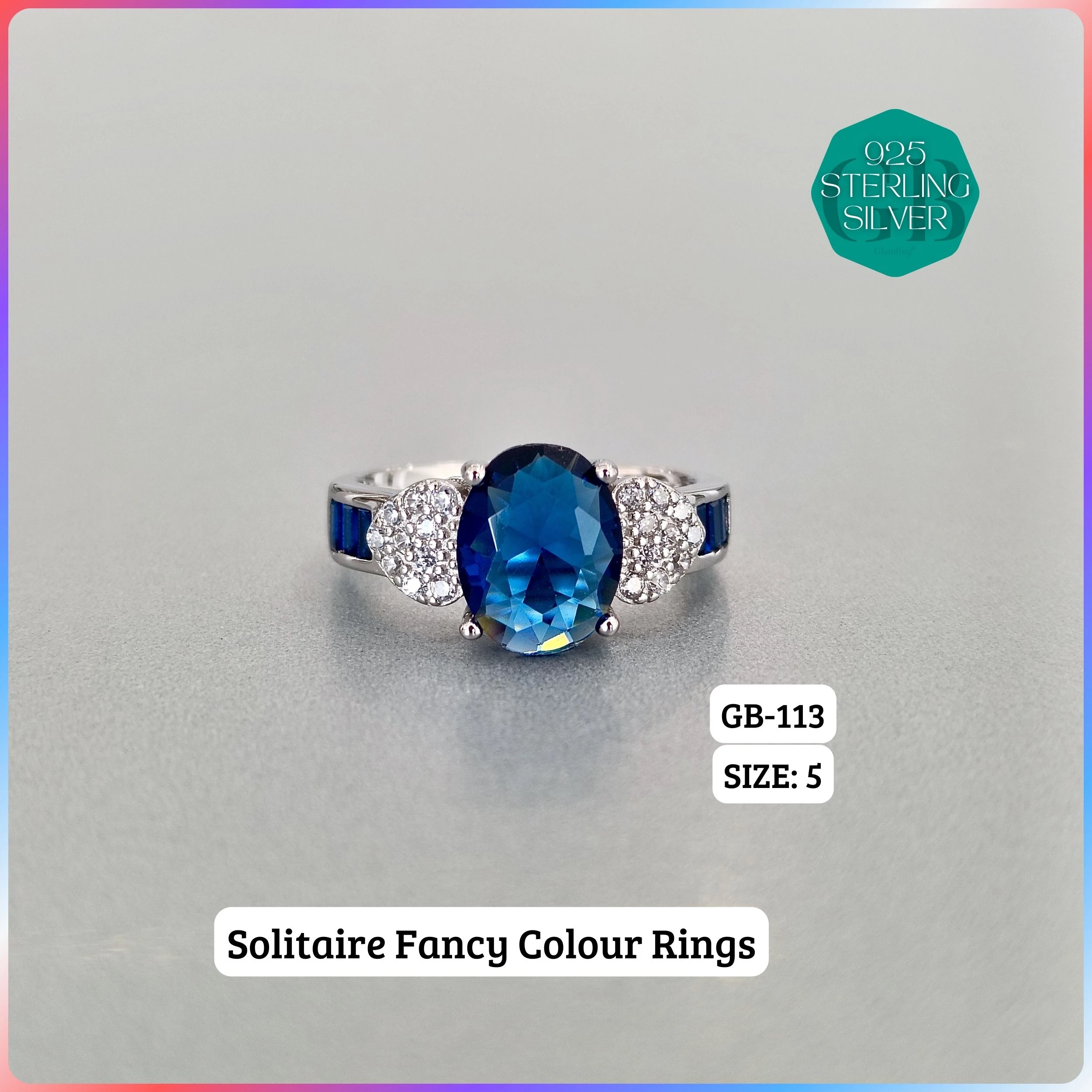 CZ BAGUETTE COL. CHOPARD RING - Premium 925 Silver Jewellery - SKU: GB-113-048 - Hyderabad Silver Importers