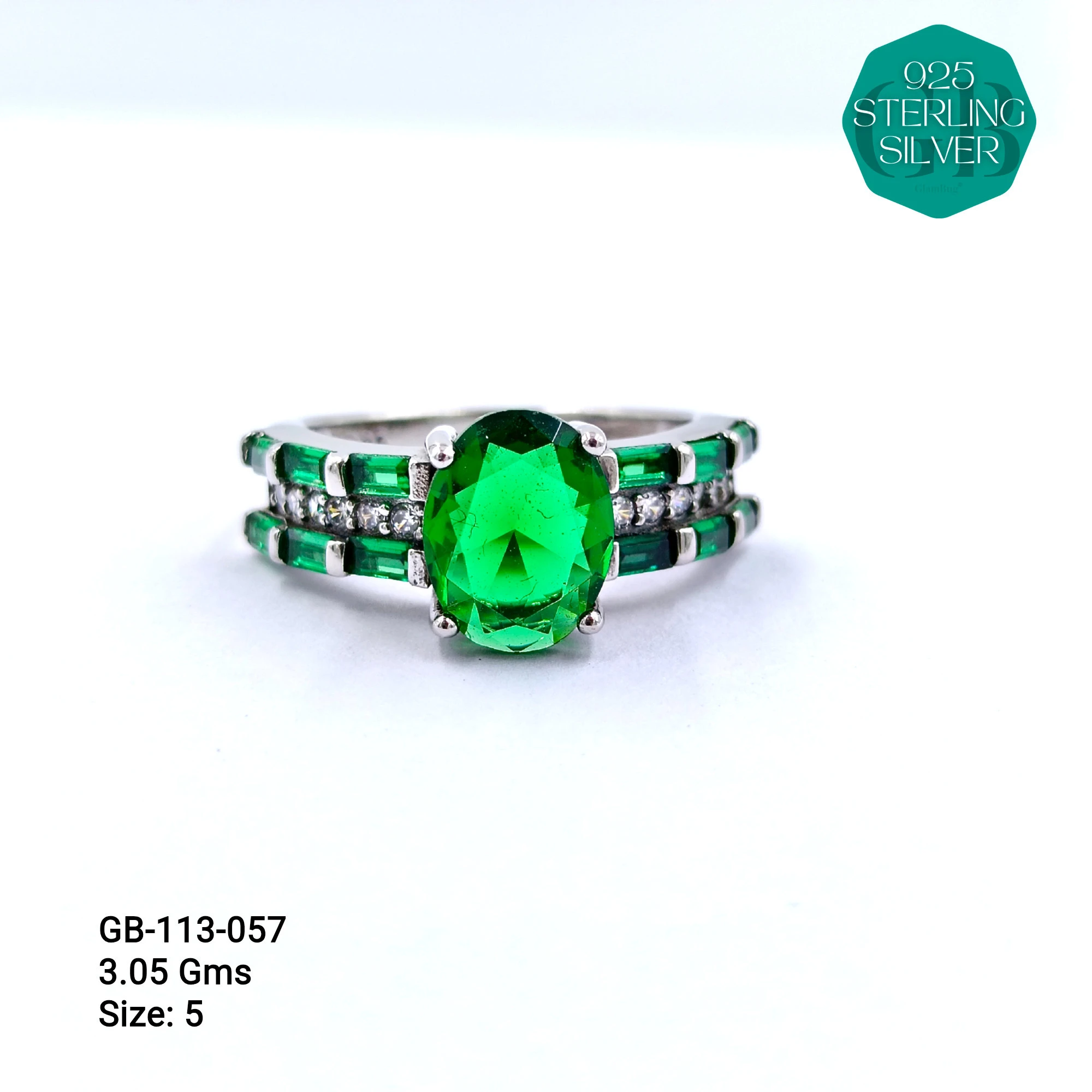 CZ BAGUETTE COL. CHOPARD RING - Premium 925 Silver Jewellery - SKU: GB-113-057 - Hyderabad Silver Importers