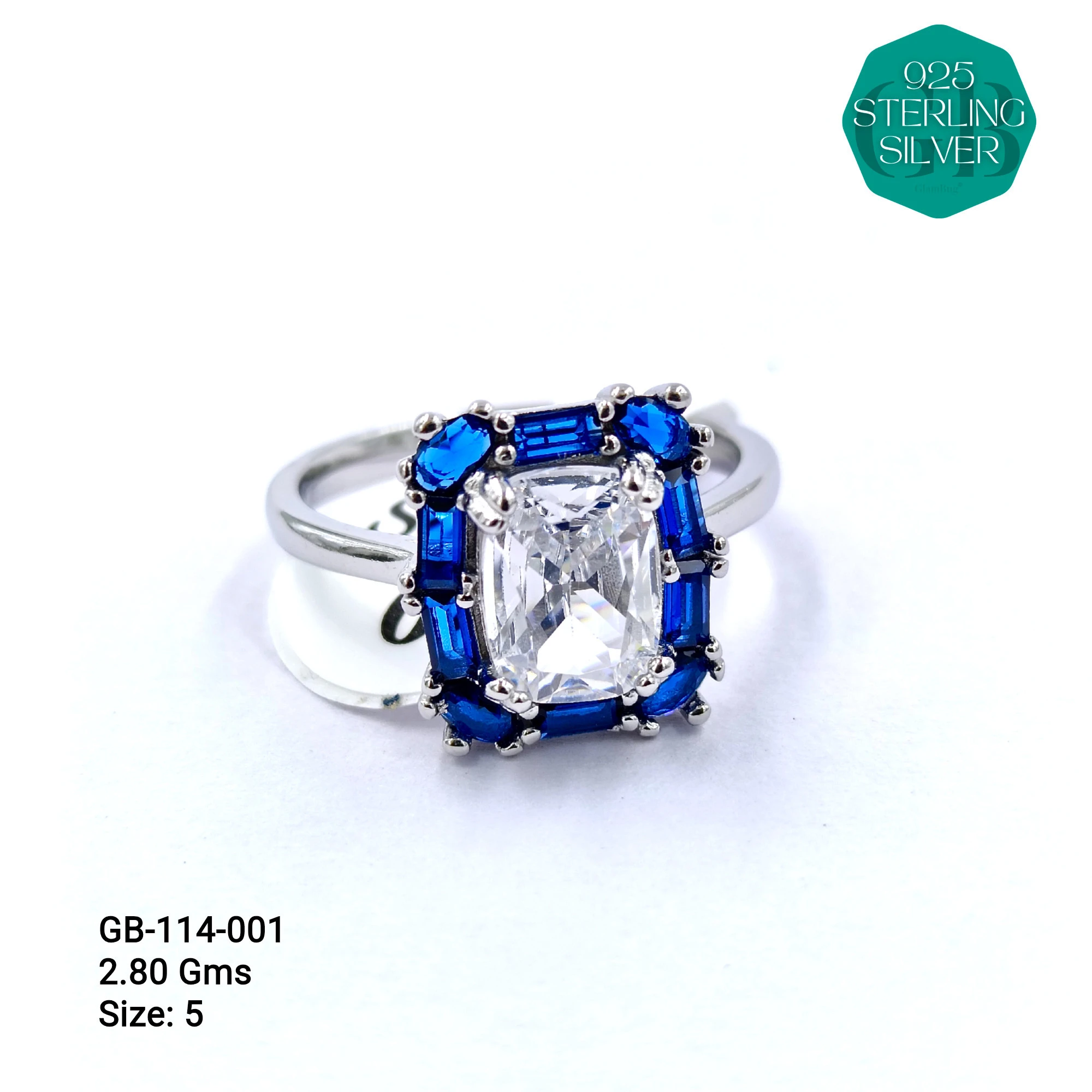 CZ SOLITAIRE SIDE COLOUR BAGUETTE RING - Premium 925 Silver Jewellery - SKU: GB-114-001 - Hyderabad Silver Importers
