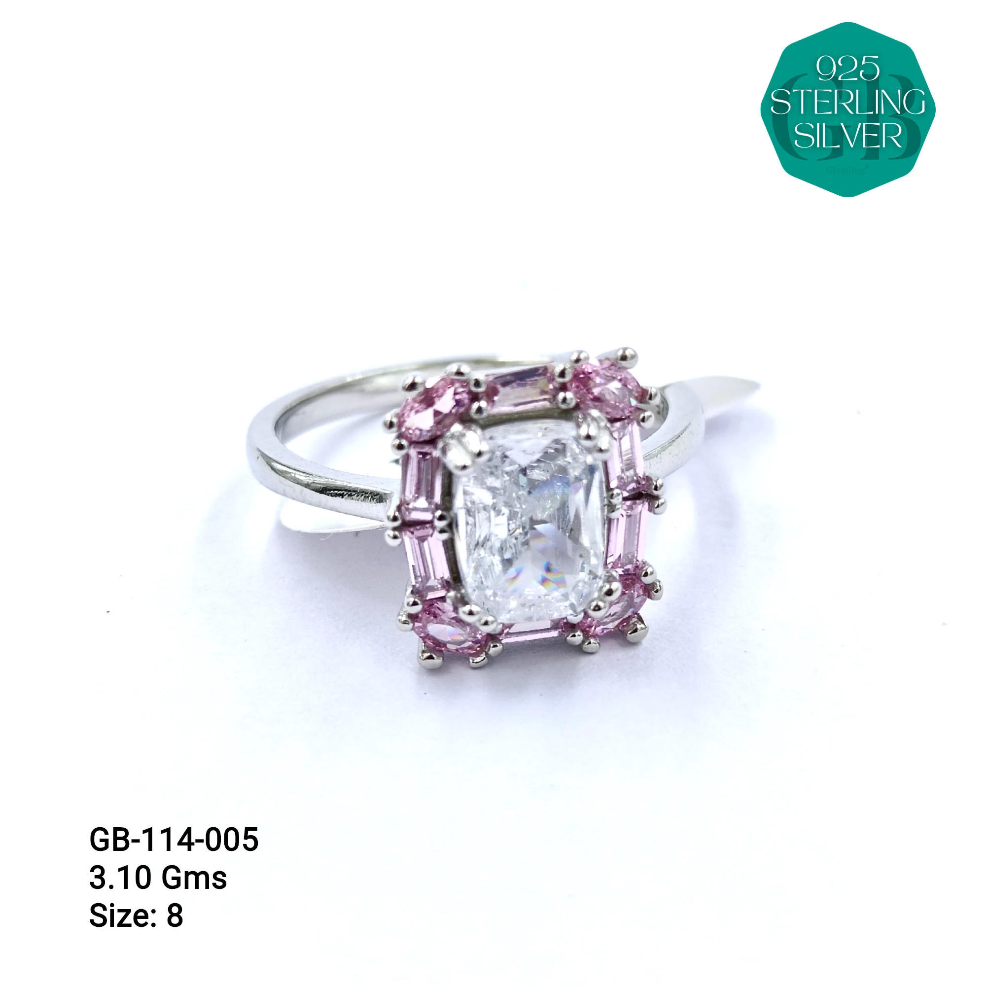CZ SOLITAIRE SIDE COLOUR BAGUETTE RING - Premium 925 Silver Jewellery - SKU: GB-114-005 - Hyderabad Silver Importers