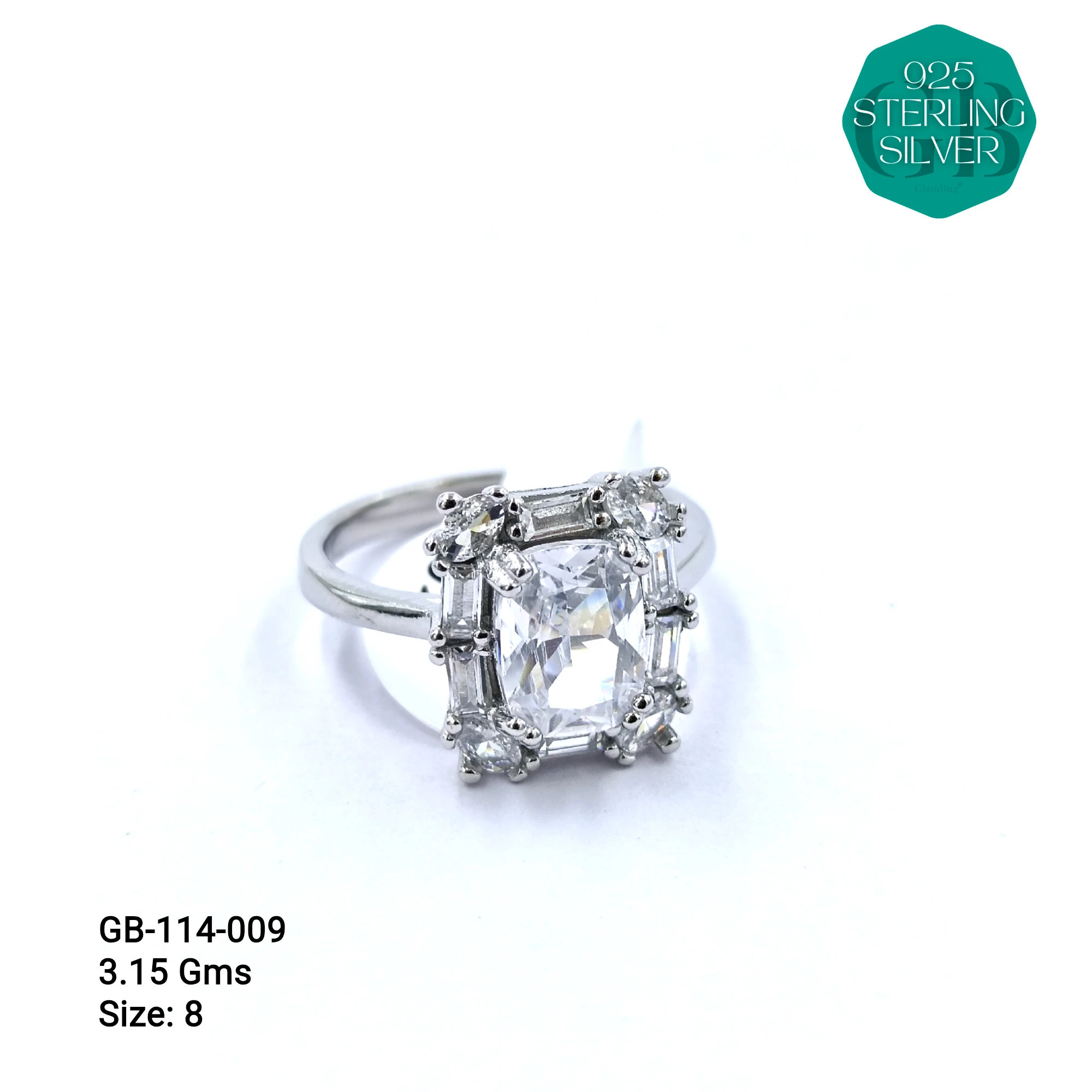 CZ SOLITAIRE SIDE COLOUR BAGUETTE RING - Premium 925 Silver Jewellery - SKU: GB-114-009 - Hyderabad Silver Importers