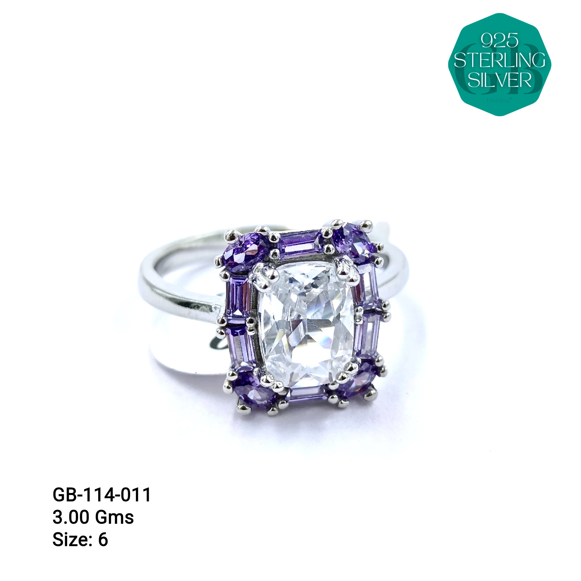 CZ SOLITAIRE SIDE COLOUR BAGUETTE RING - Premium 925 Silver Jewellery - SKU: GB-114-011 - Hyderabad Silver Importers