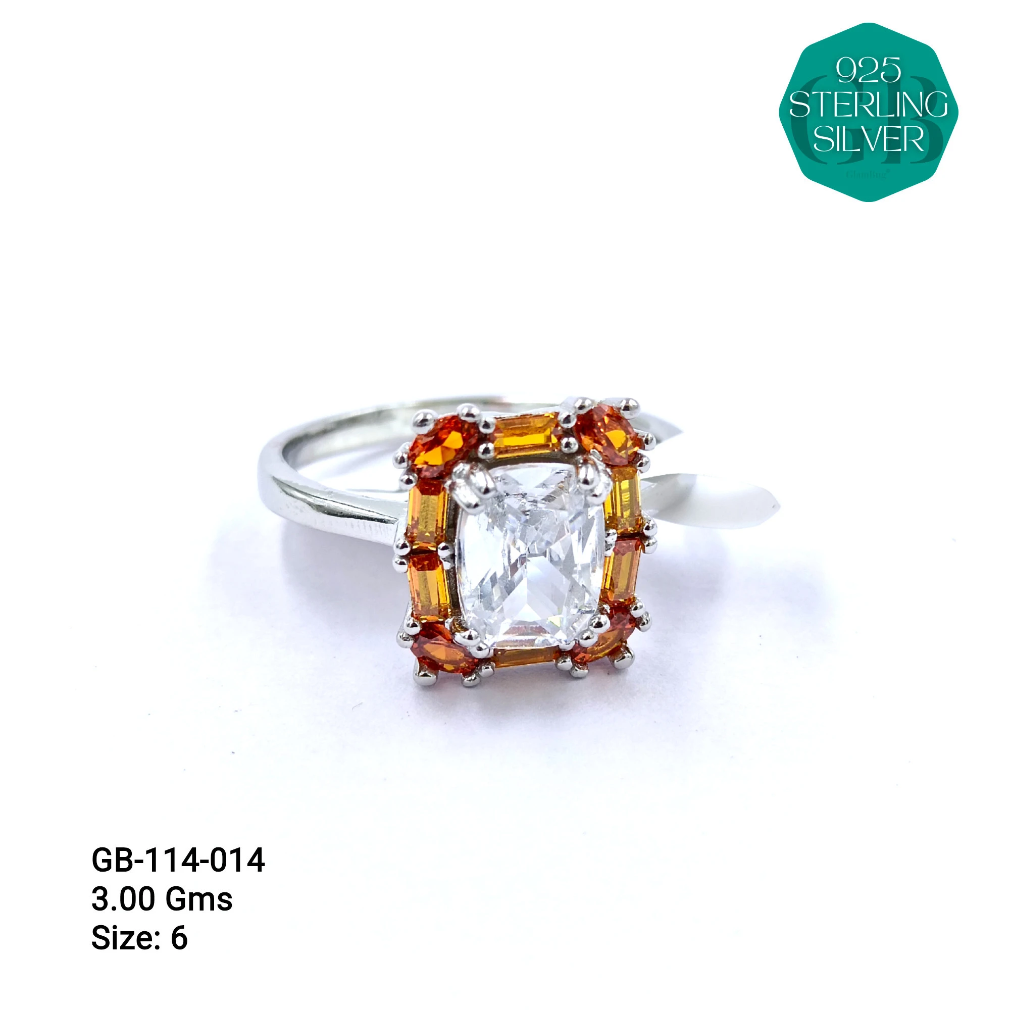 CZ SOLITAIRE SIDE COLOUR BAGUETTE RING - Premium 925 Silver Jewellery - SKU: GB-114-014 - Hyderabad Silver Importers