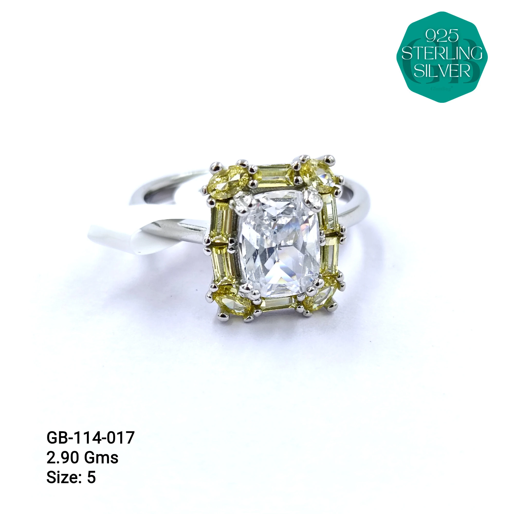 CZ SOLITAIRE SIDE COLOUR BAGUETTE RING - Premium 925 Silver Jewellery - SKU: GB-114-017 - Hyderabad Silver Importers