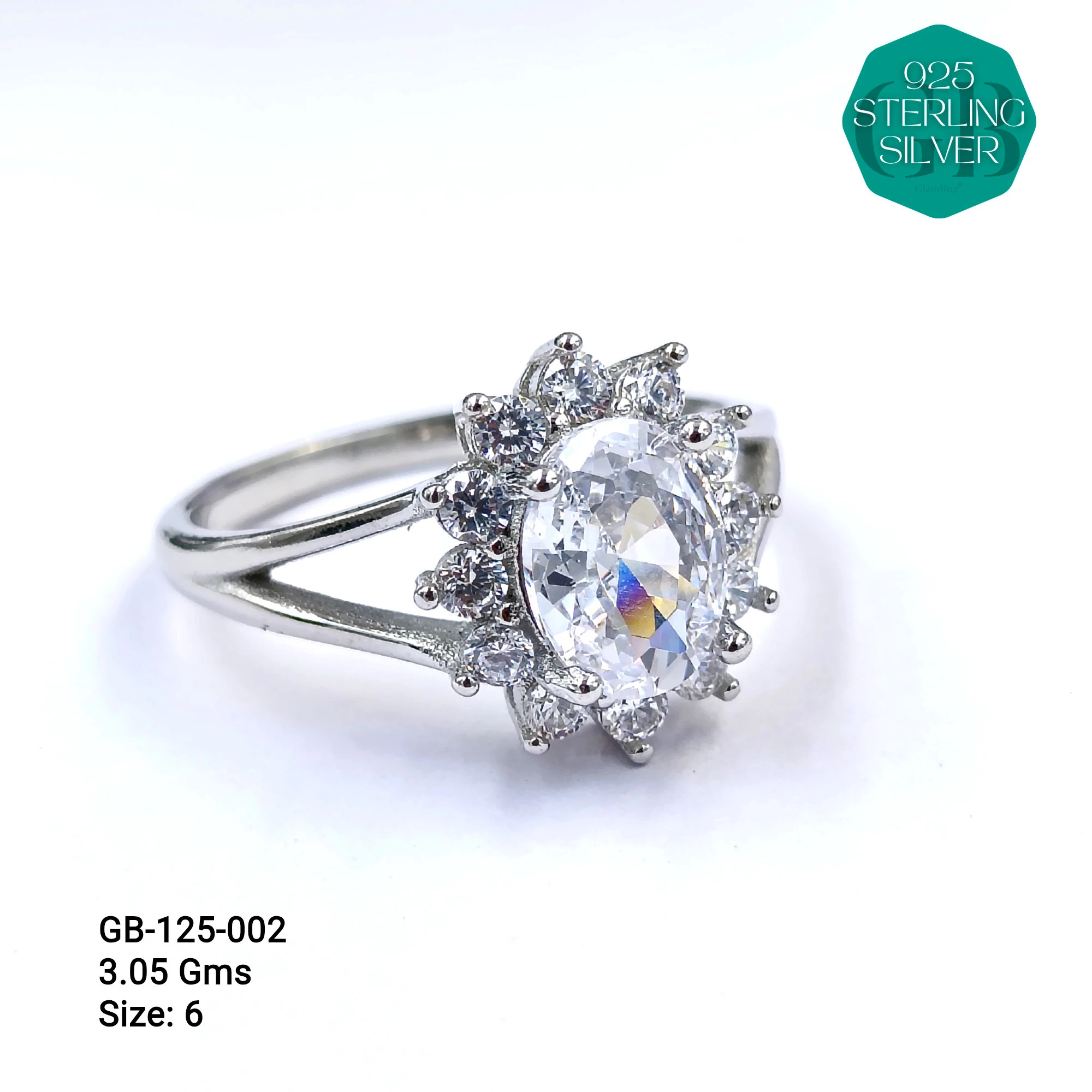 WHITE SOLITAIRE SHAPE RING 3.5gms - Premium 925 Silver Jewellery - SKU: GB-125-002 - Hyderabad Silver Importers