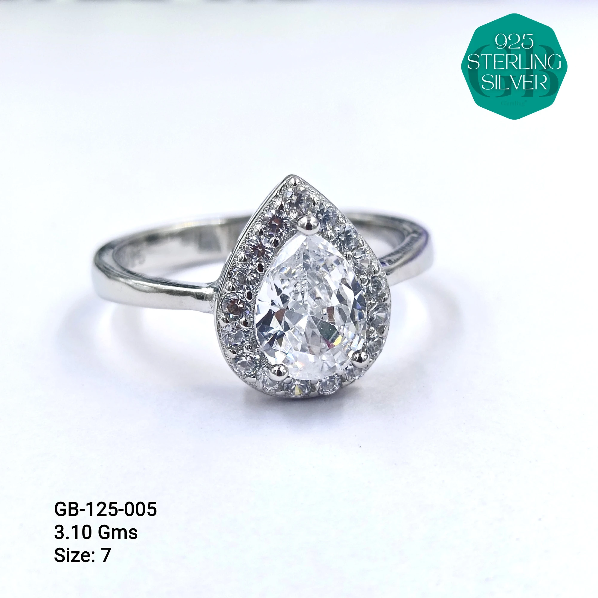 WHITE SOLITAIRE SHAPE RING 3.5gms - Premium 925 Silver Jewellery - SKU: GB-125-005 - Hyderabad Silver Importers