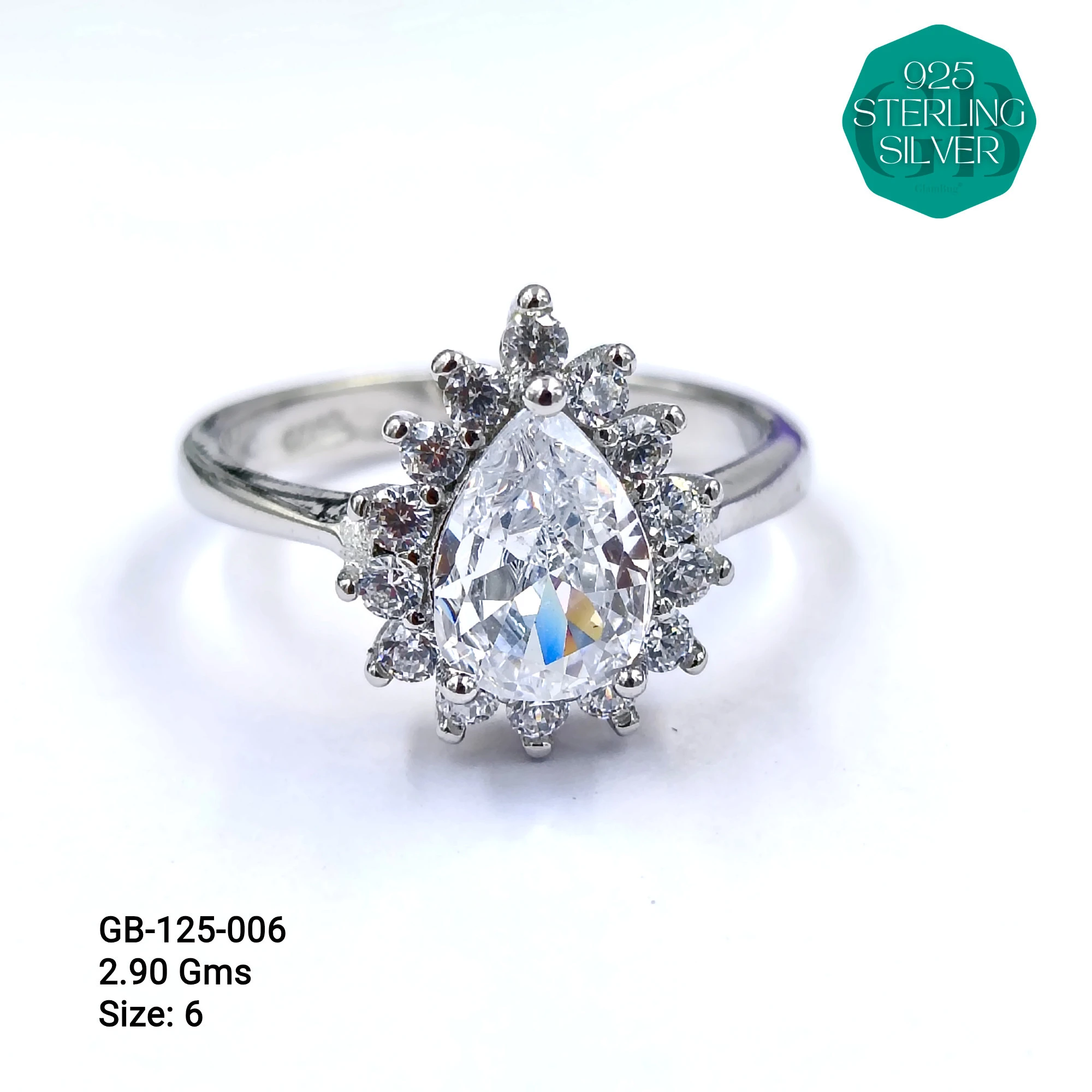WHITE SOLITAIRE SHAPE RING 3.5gms - Premium 925 Silver Jewellery - SKU: GB-125-006 - Hyderabad Silver Importers