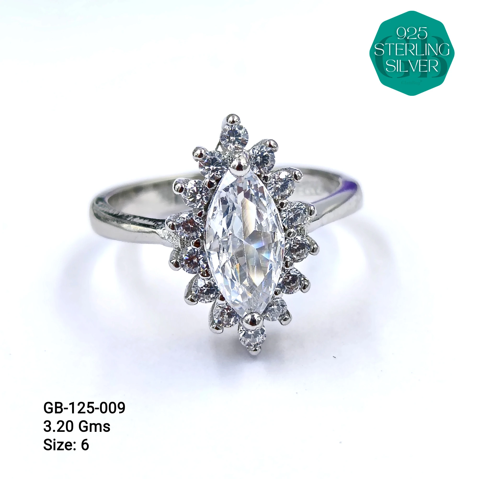 WHITE SOLITAIRE SHAPE RING 3.5gms - Premium 925 Silver Jewellery - SKU: GB-125-009 - Hyderabad Silver Importers