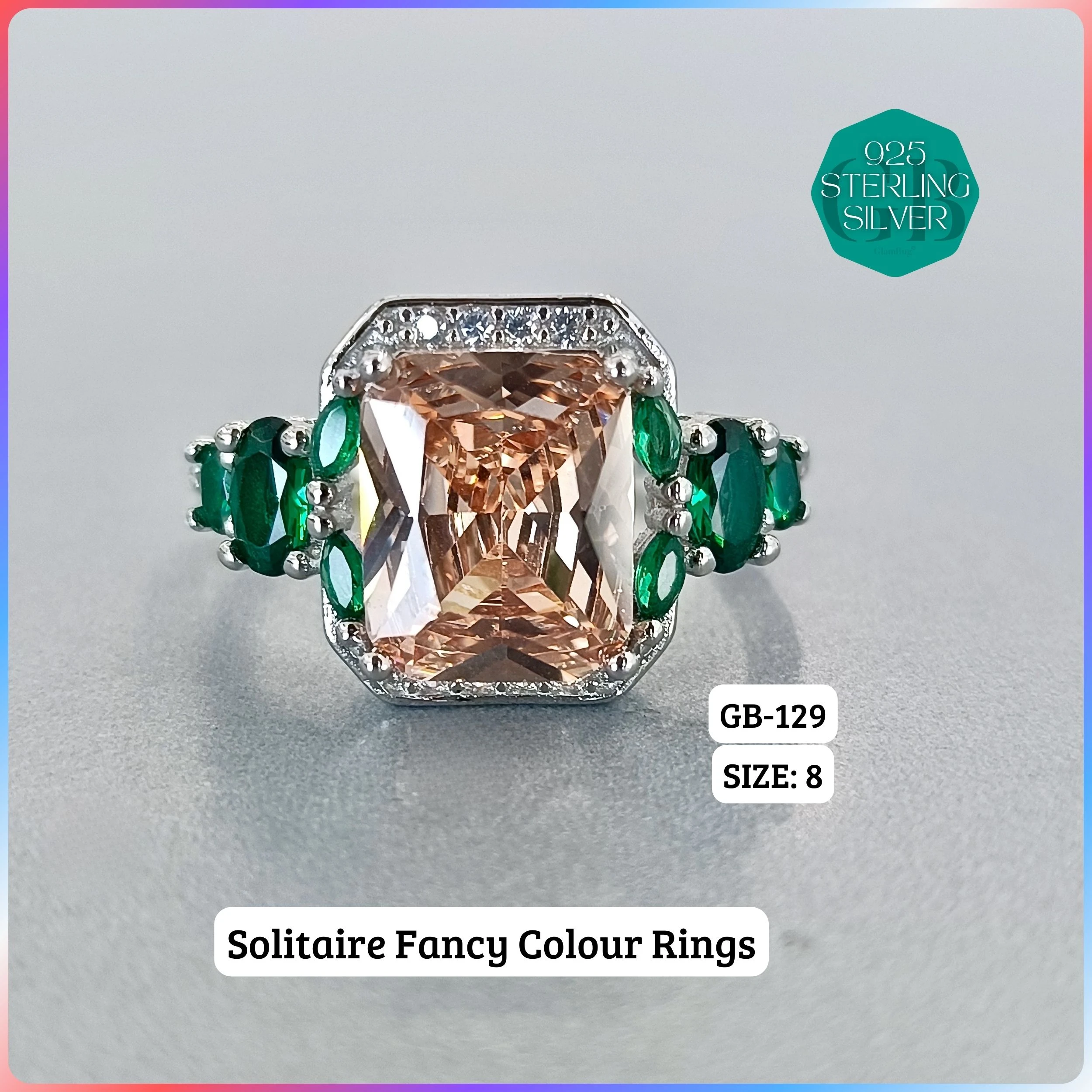CZ CENTER COLOUR SOLITAIRE FAN RING - Premium 925 Silver Jewellery - SKU: GB-129-001 - Hyderabad Silver Importers