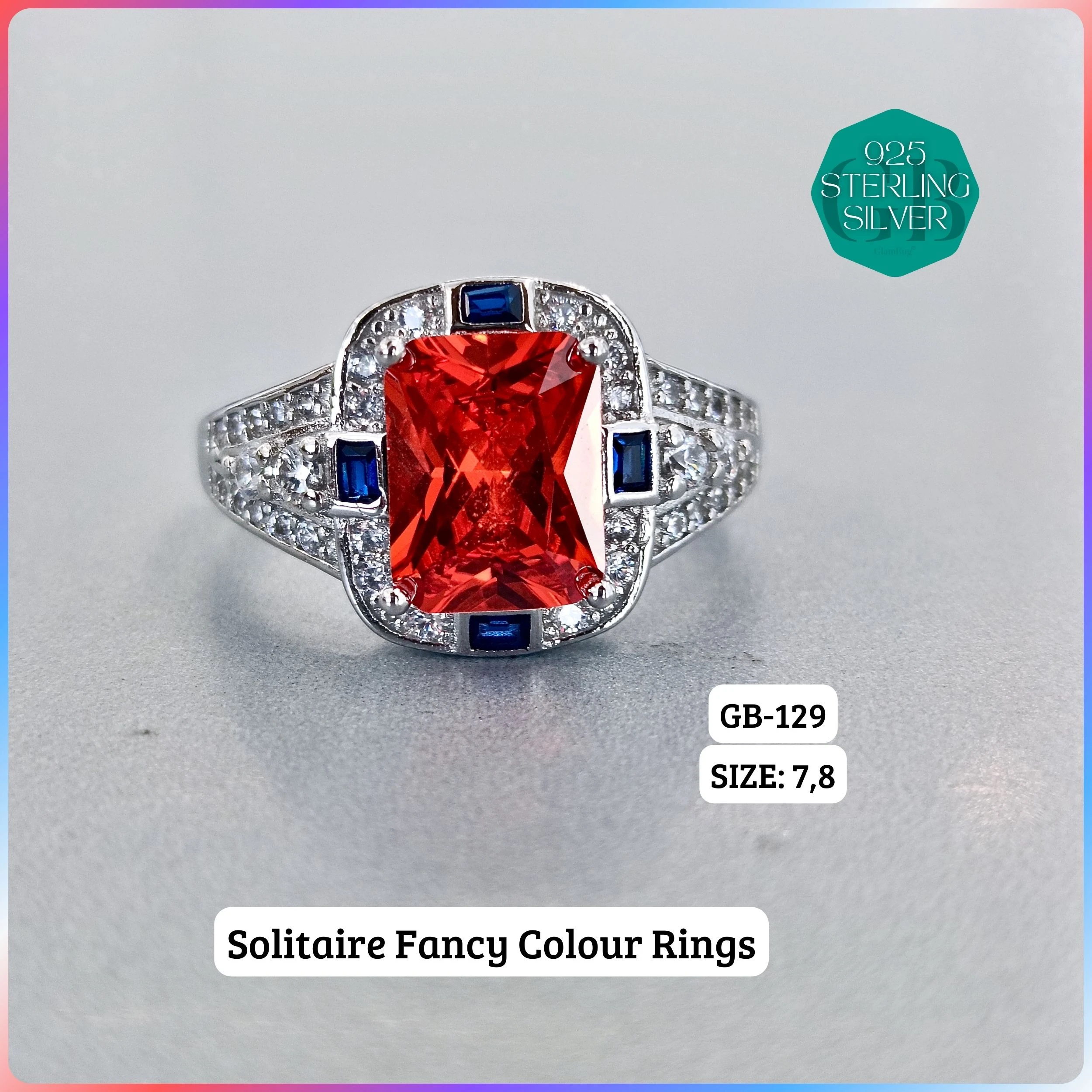 CZ CENTER COLOUR SOLITAIRE FAN RING - Premium 925 Silver Jewellery - SKU: GB-129-002 - Hyderabad Silver Importers