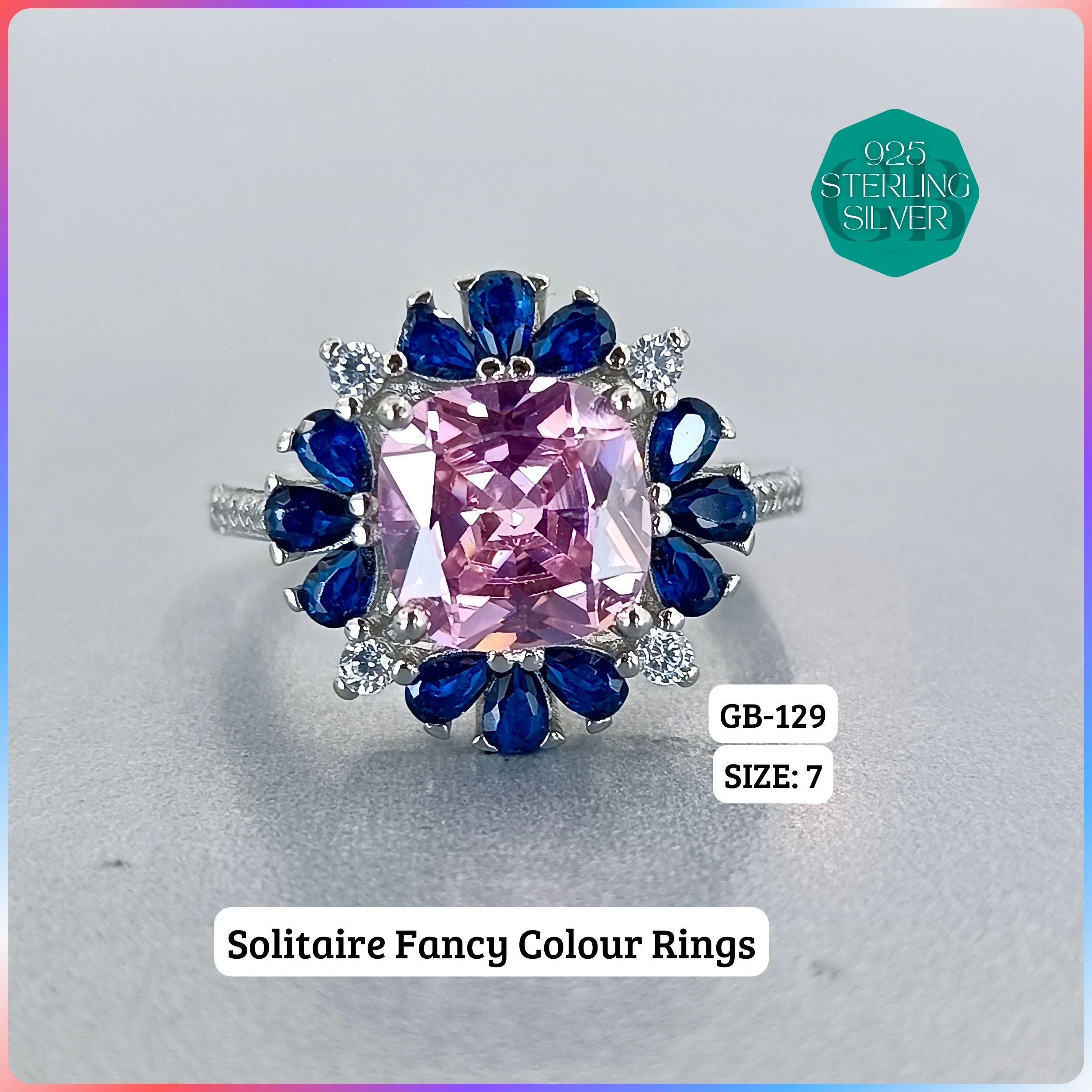 CZ CENTER COLOUR SOLITAIRE FAN RING - Premium 925 Silver Jewellery - SKU: GB-129-003 - Hyderabad Silver Importers
