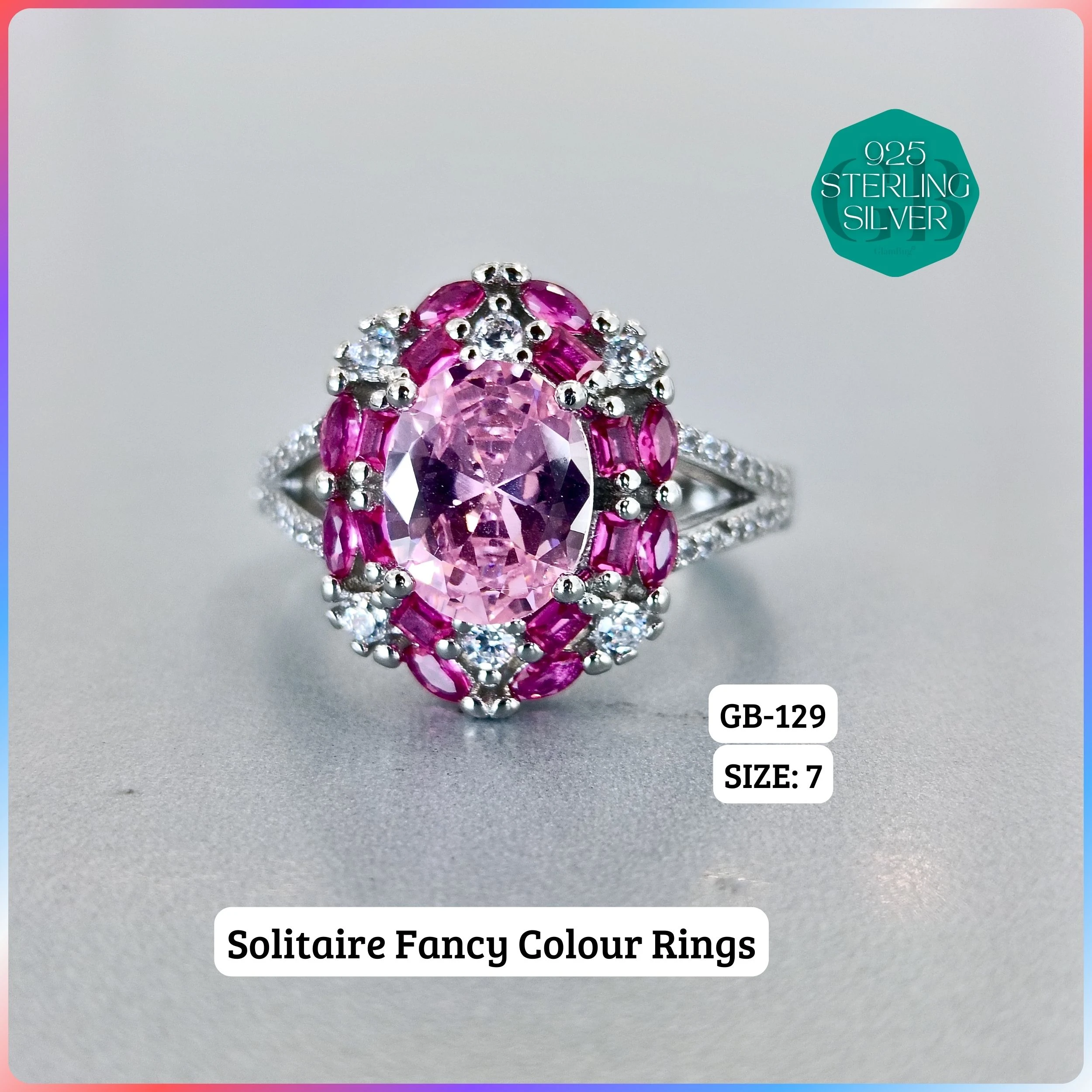 CZ CENTER COLOUR SOLITAIRE FAN RING - Premium 925 Silver Jewellery - SKU: GB-129-004 - Hyderabad Silver Importers