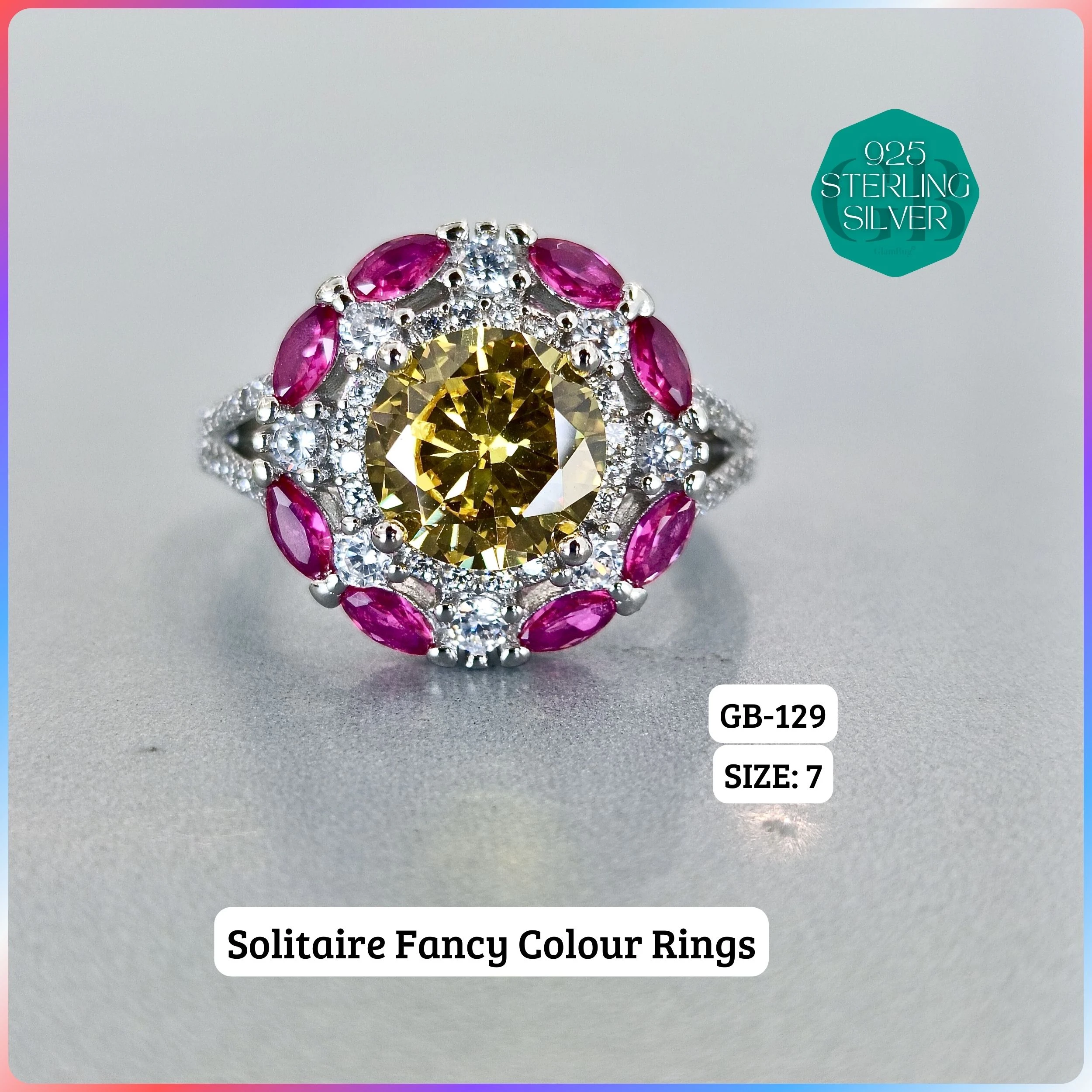 CZ CENTER COLOUR SOLITAIRE FAN RING - Premium 925 Silver Jewellery - SKU: GB-129-005 - Hyderabad Silver Importers