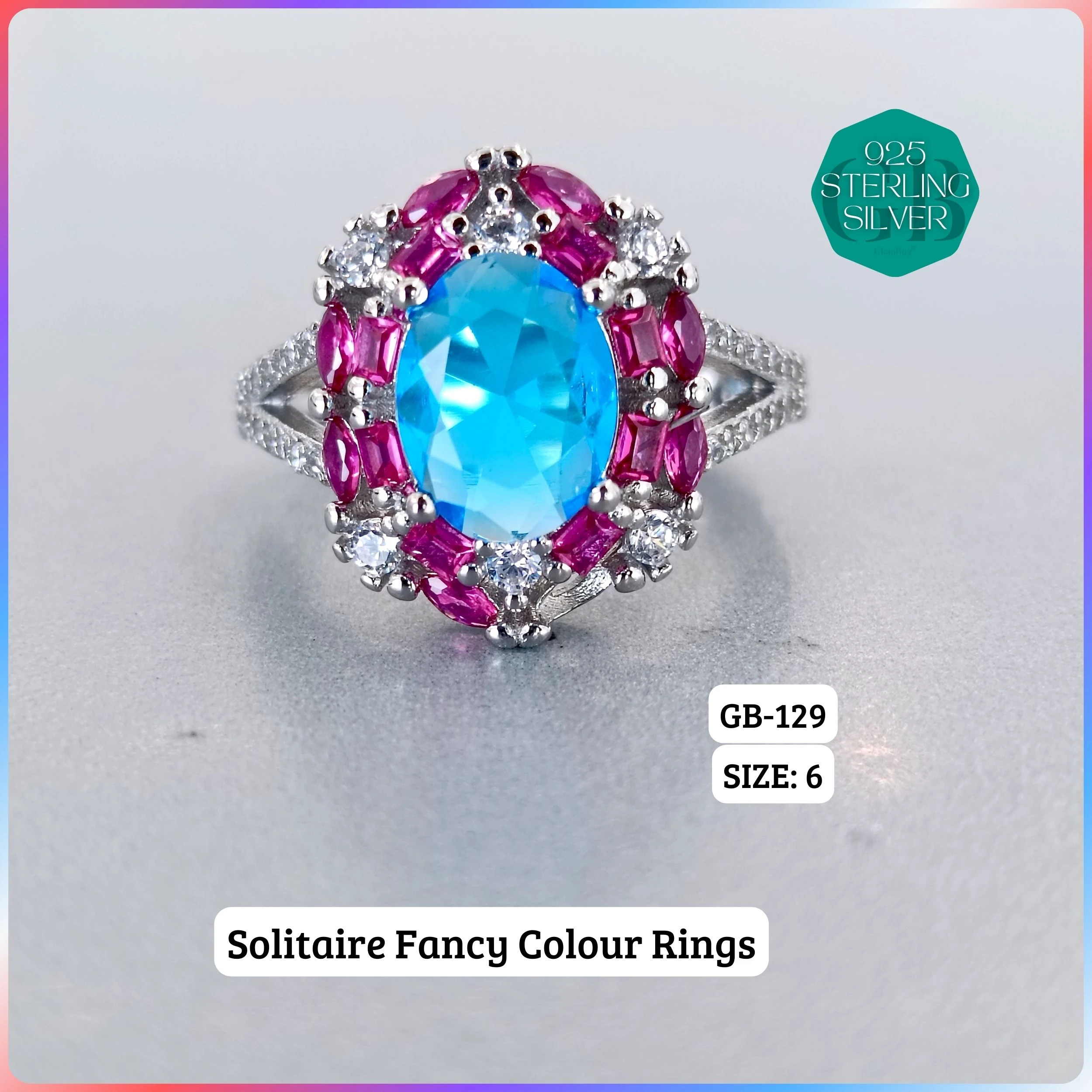 CZ CENTER COLOUR SOLITAIRE FAN RING - Premium 925 Silver Jewellery - SKU: GB-129-007 - Hyderabad Silver Importers