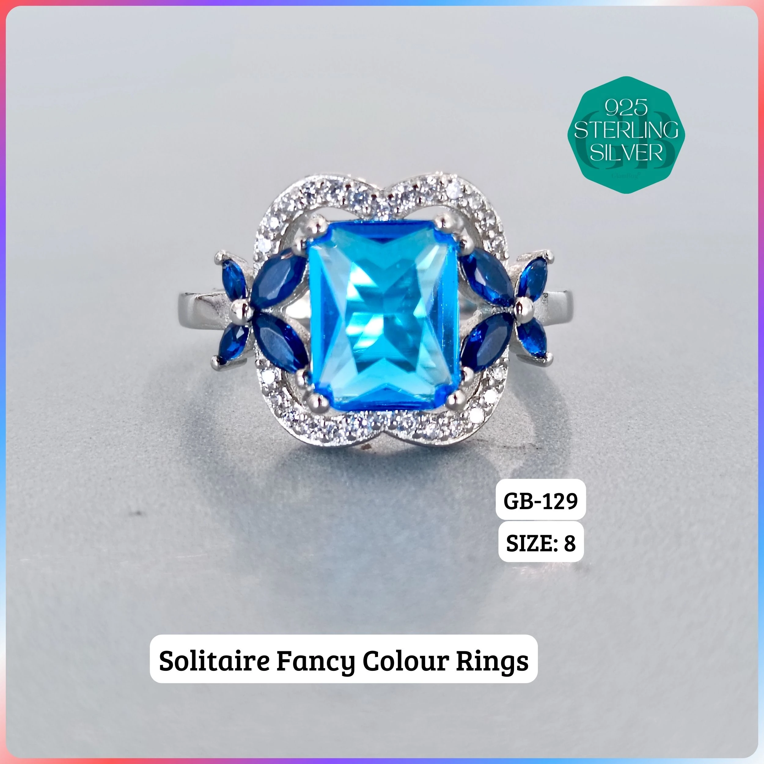 CZ CENTER COLOUR SOLITAIRE FAN RING - Premium 925 Silver Jewellery - SKU: GB-129-008 - Hyderabad Silver Importers