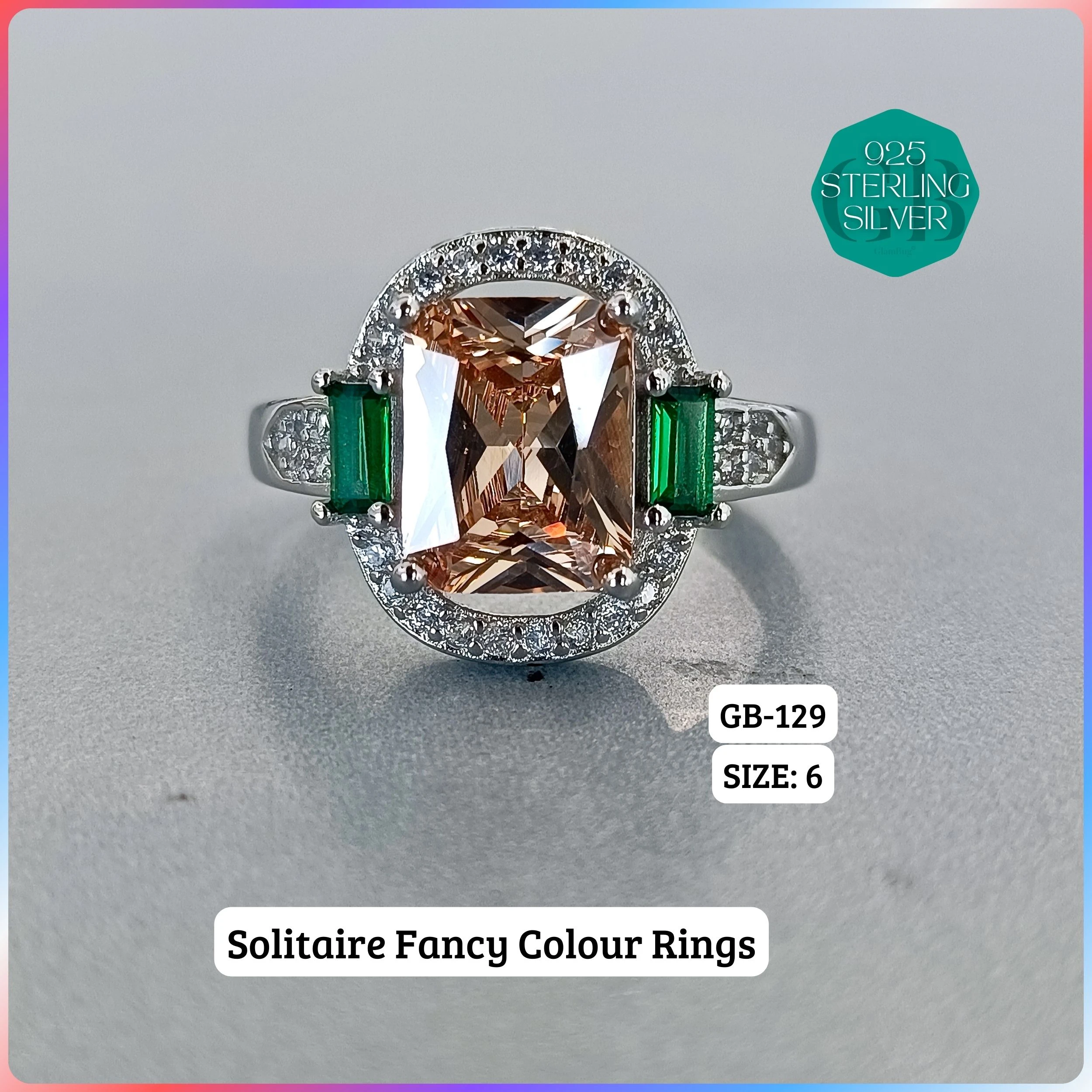 CZ CENTER COLOUR SOLITAIRE FAN RING - Premium 925 Silver Jewellery - SKU: GB-129-010 - Hyderabad Silver Importers