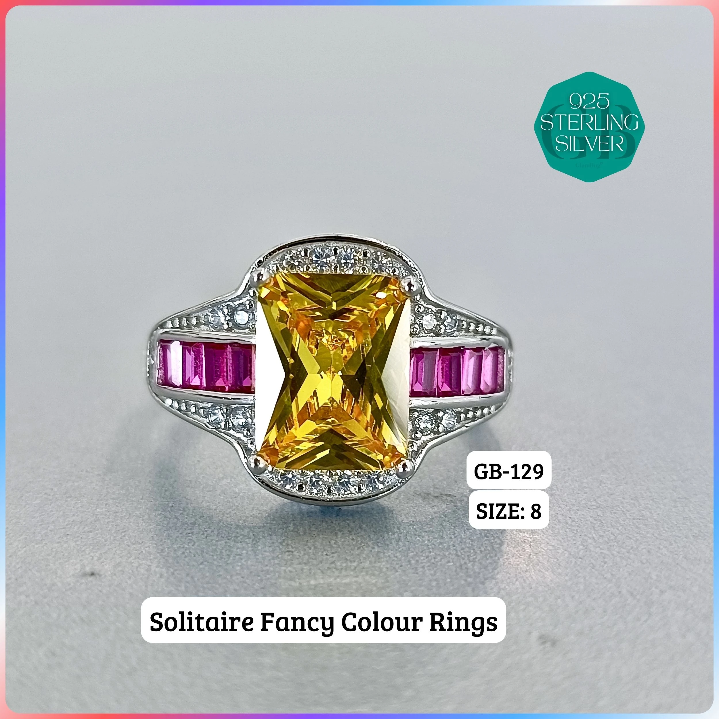 CZ CENTER COLOUR SOLITAIRE FAN RING - Premium 925 Silver Jewellery - SKU: GB-129-011 - Hyderabad Silver Importers