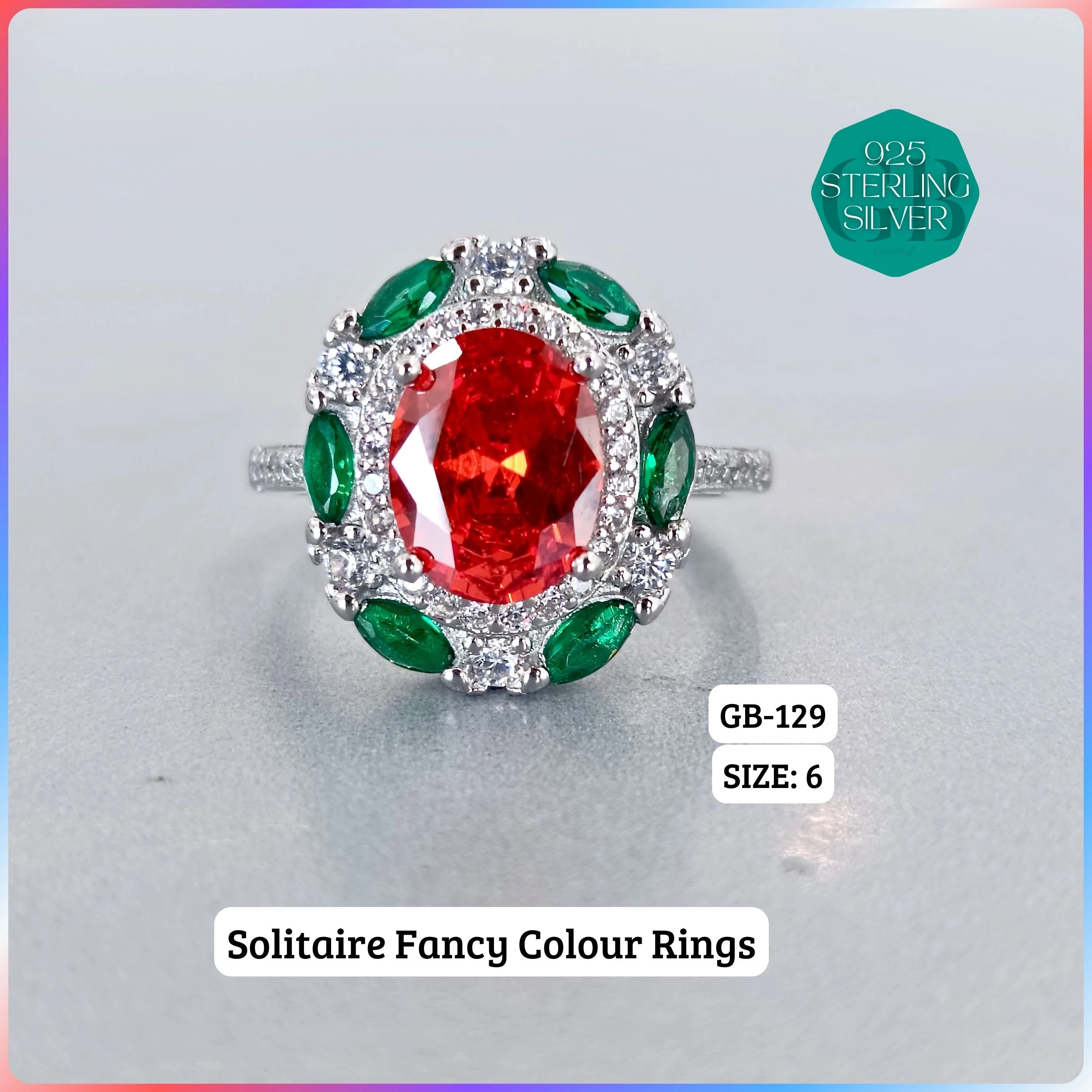 CZ CENTER COLOUR SOLITAIRE FAN RING - Premium 925 Silver Jewellery - SKU: GB-129-013 - Hyderabad Silver Importers