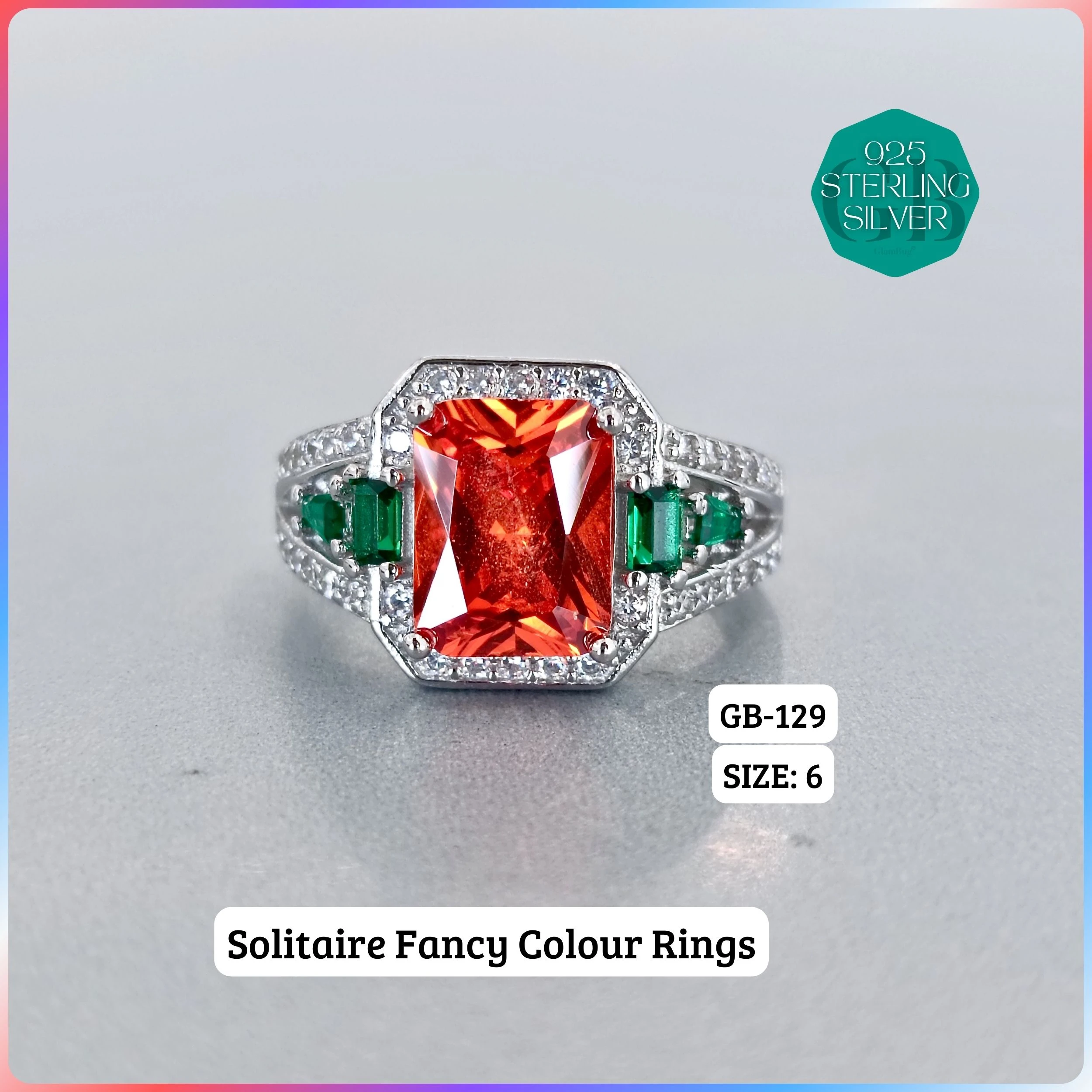 CZ CENTER COLOUR SOLITAIRE FAN RING - Premium 925 Silver Jewellery - SKU: GB-129-014 - Hyderabad Silver Importers