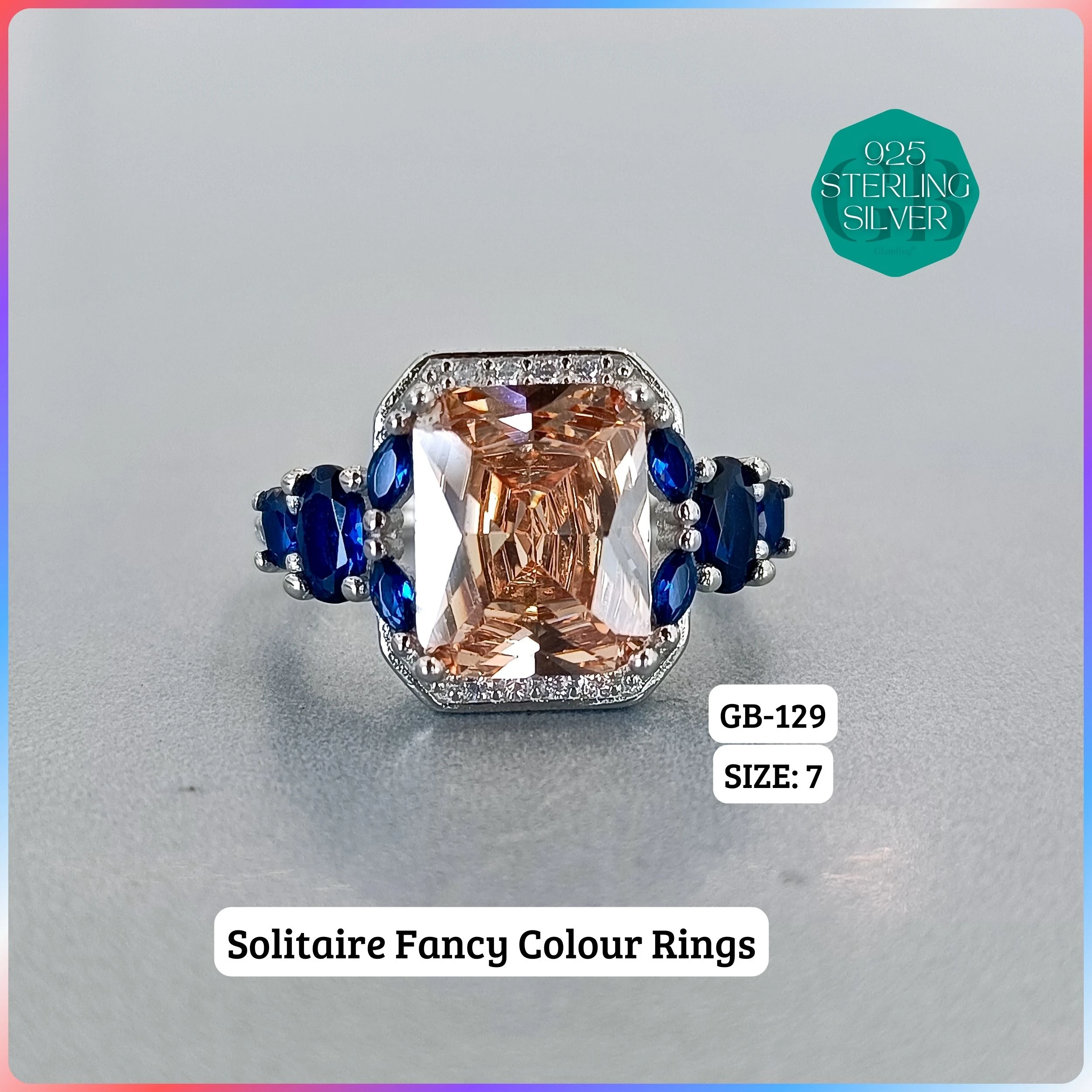 CZ CENTER COLOUR SOLITAIRE FAN RING - Premium 925 Silver Jewellery - SKU: GB-129-015 - Hyderabad Silver Importers