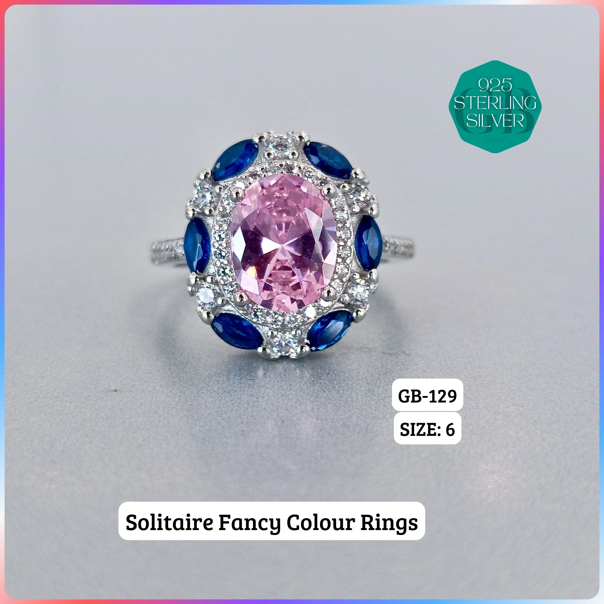 CZ CENTER COLOUR SOLITAIRE FAN RING - Premium 925 Silver Jewellery - SKU: GB-129-016 - Hyderabad Silver Importers