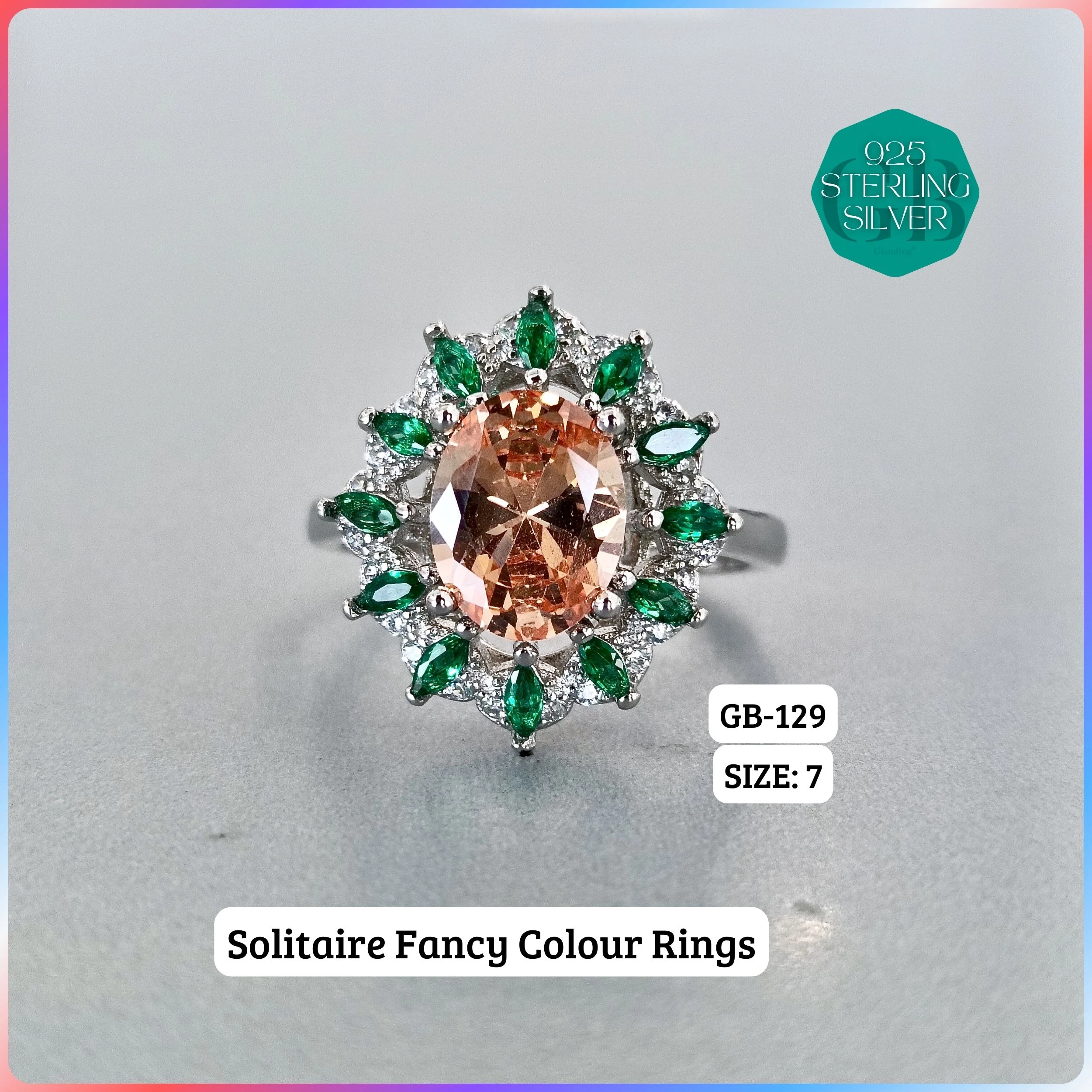 CZ CENTER COLOUR SOLITAIRE FAN RING - Premium 925 Silver Jewellery - SKU: GB-129-018 - Hyderabad Silver Importers