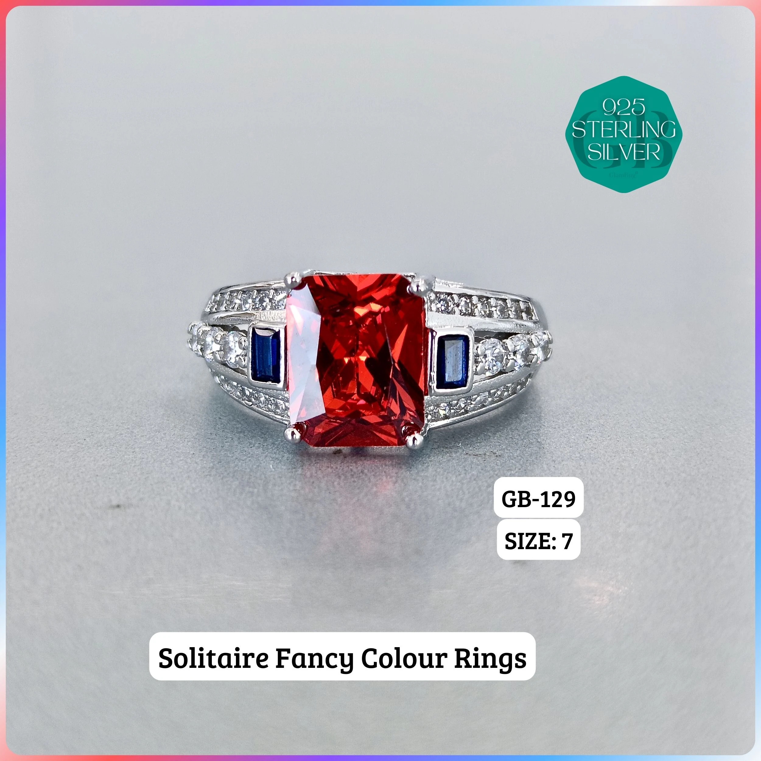 CZ CENTER COLOUR SOLITAIRE FAN RING - Premium 925 Silver Jewellery - SKU: GB-129-019 - Hyderabad Silver Importers