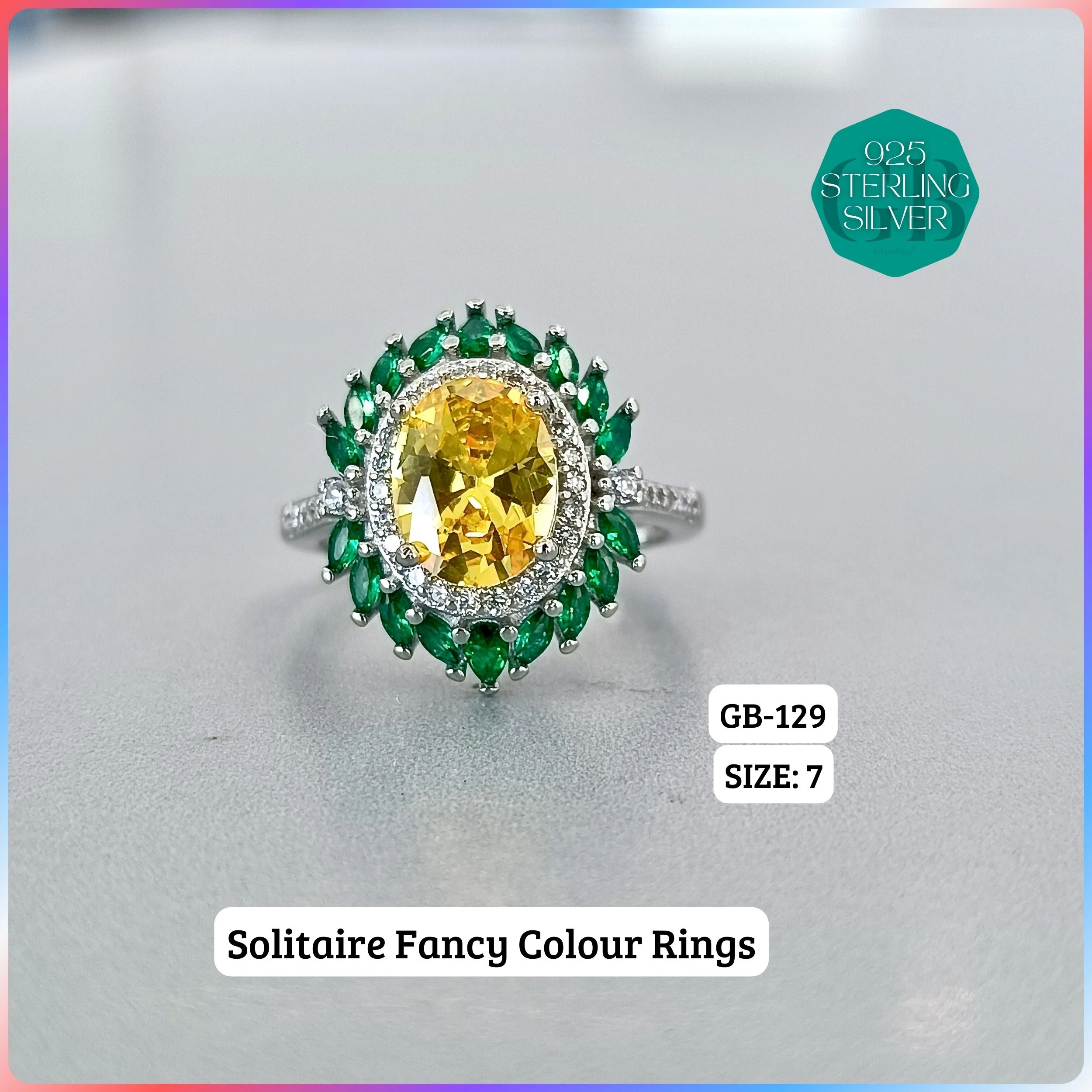 CZ CENTER COLOUR SOLITAIRE FAN RING - Premium 925 Silver Jewellery - SKU: GB-129-022 - Hyderabad Silver Importers