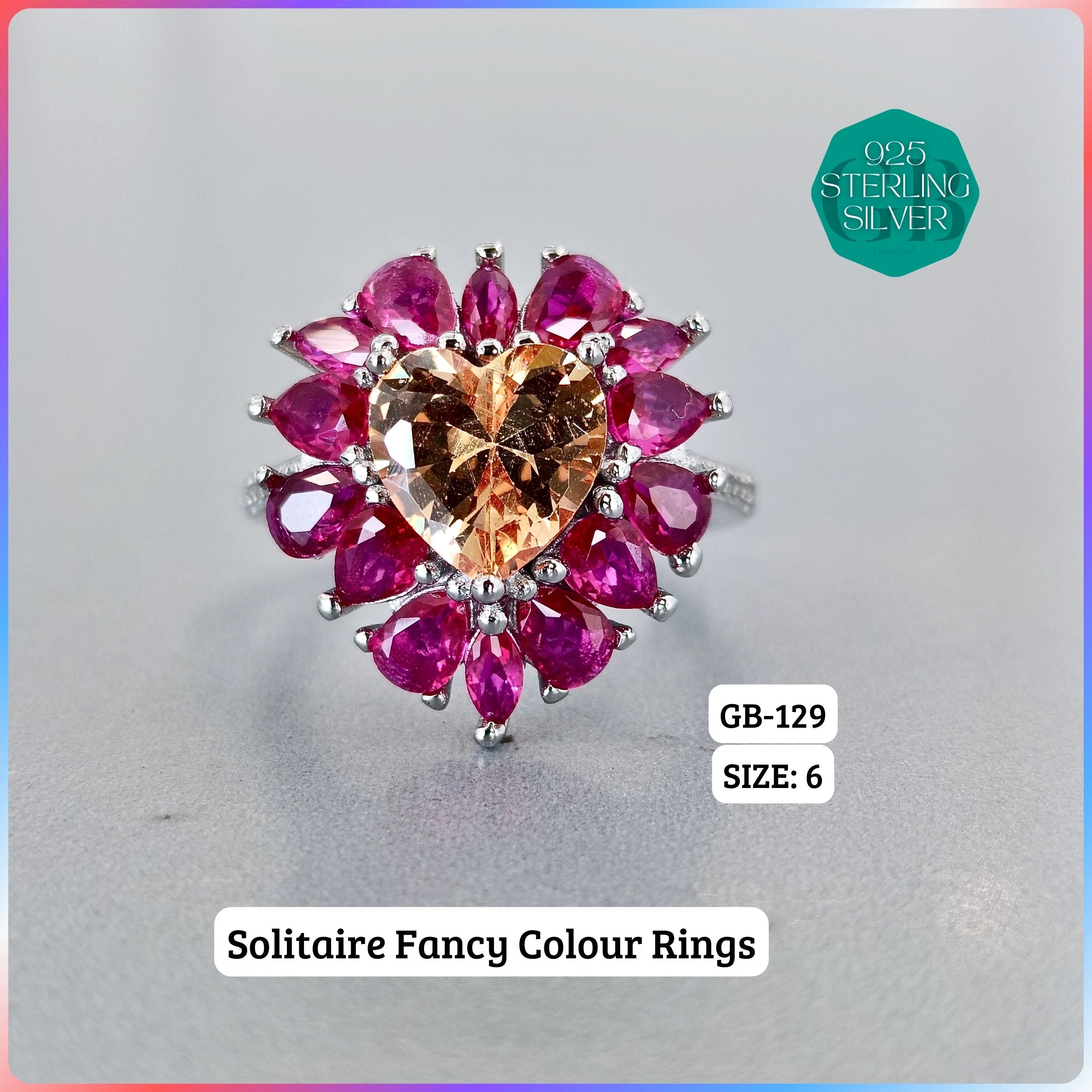 CZ CENTER COLOUR SOLITAIRE FAN RING - Premium 925 Silver Jewellery - SKU: GB-129-023 - Hyderabad Silver Importers