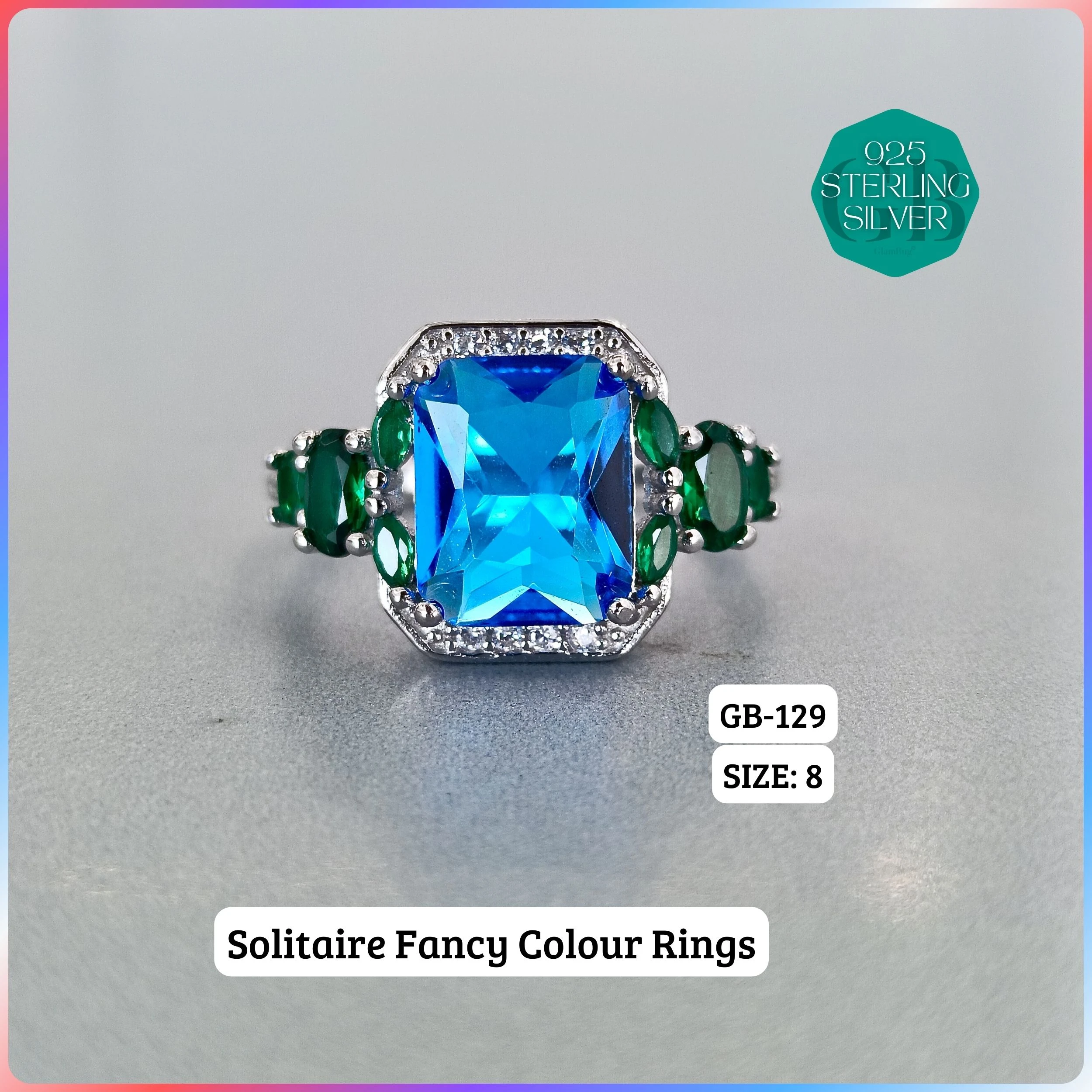 CZ CENTER COLOUR SOLITAIRE FAN RING - Premium 925 Silver Jewellery - SKU: GB-129-027 - Hyderabad Silver Importers